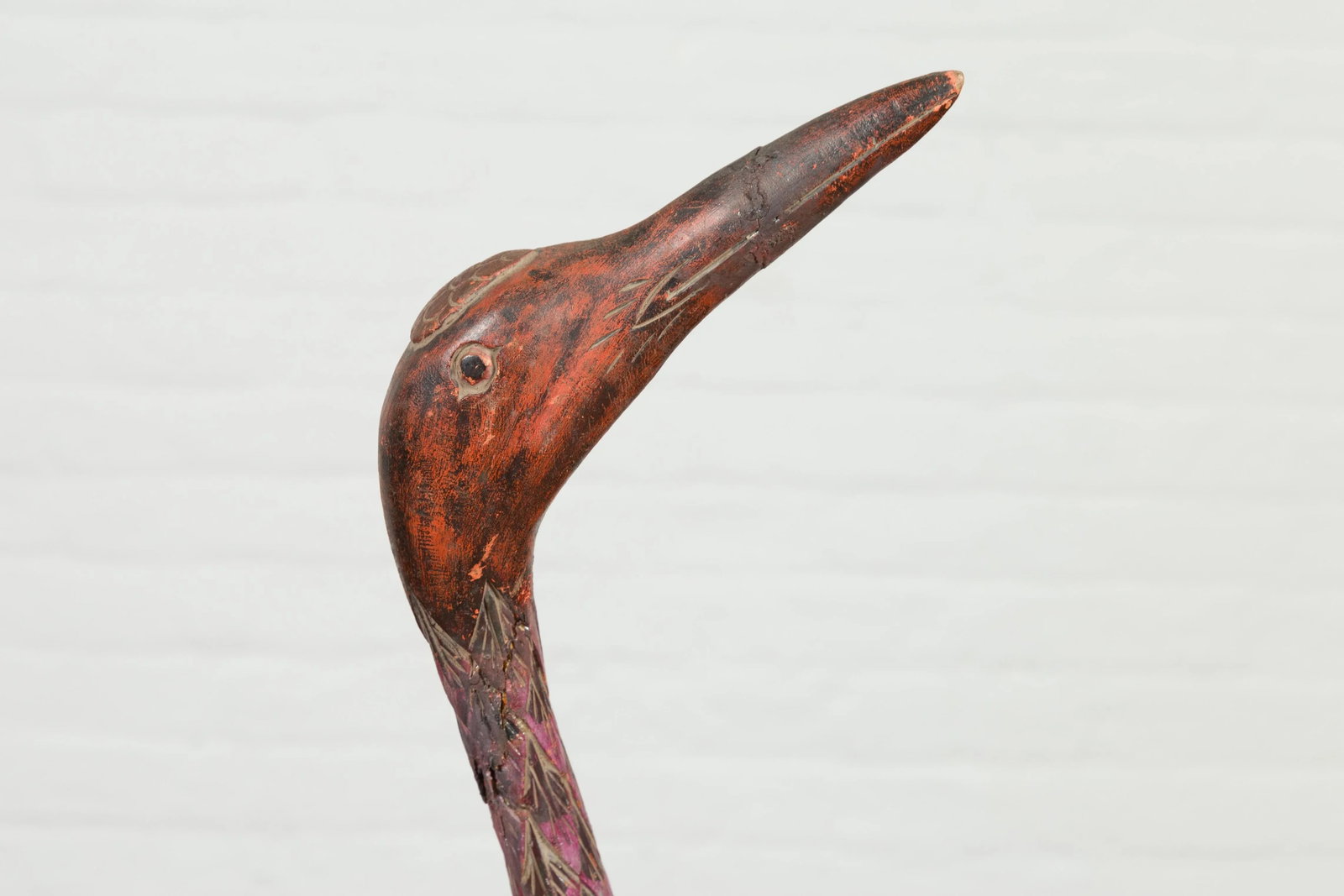 Indonesian Hand Carved Heron Sculpture with Purple, Orange and Black Tones - 5