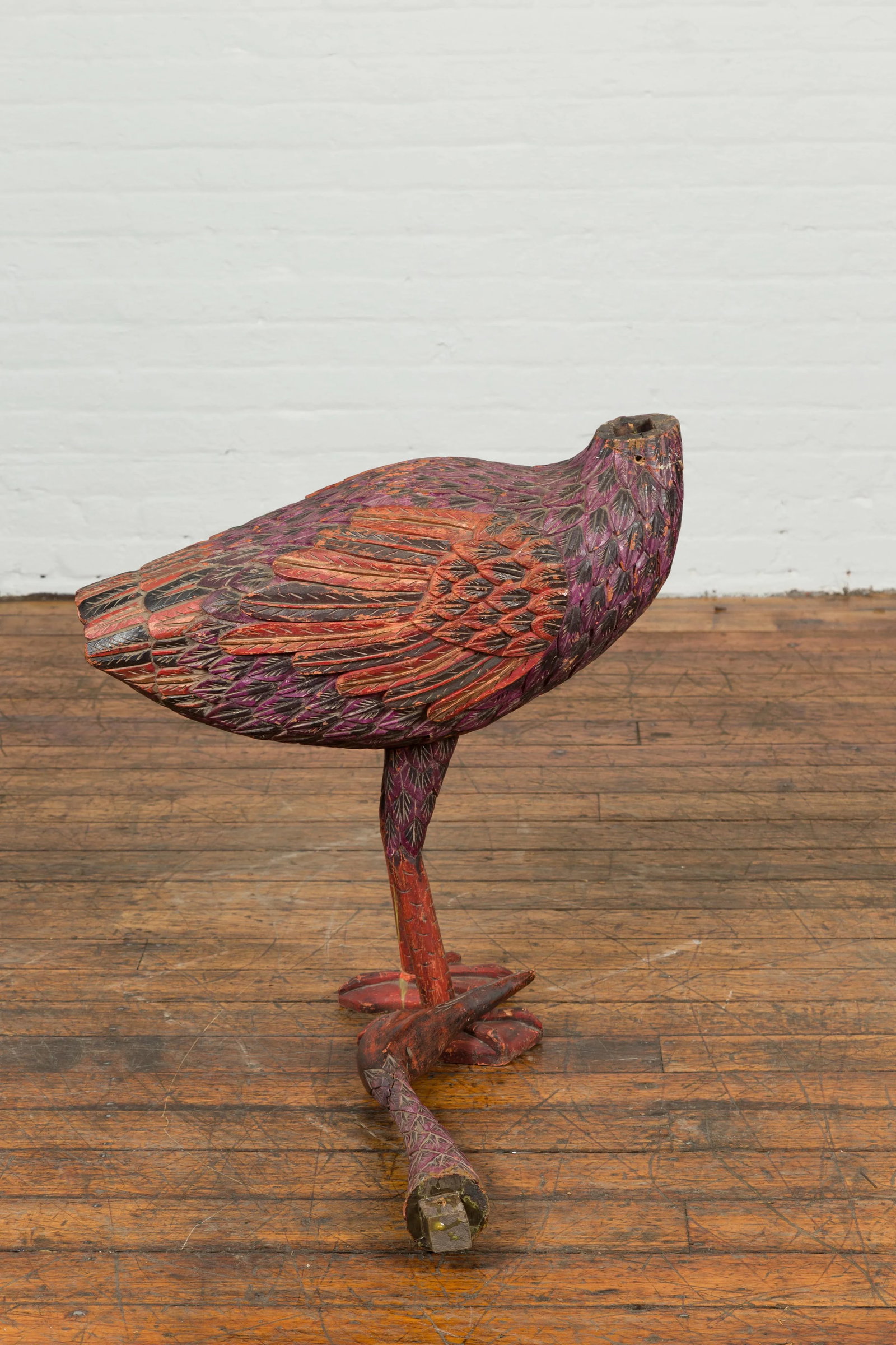 Indonesian Hand Carved Heron Sculpture with Purple, Orange and Black Tones - 6