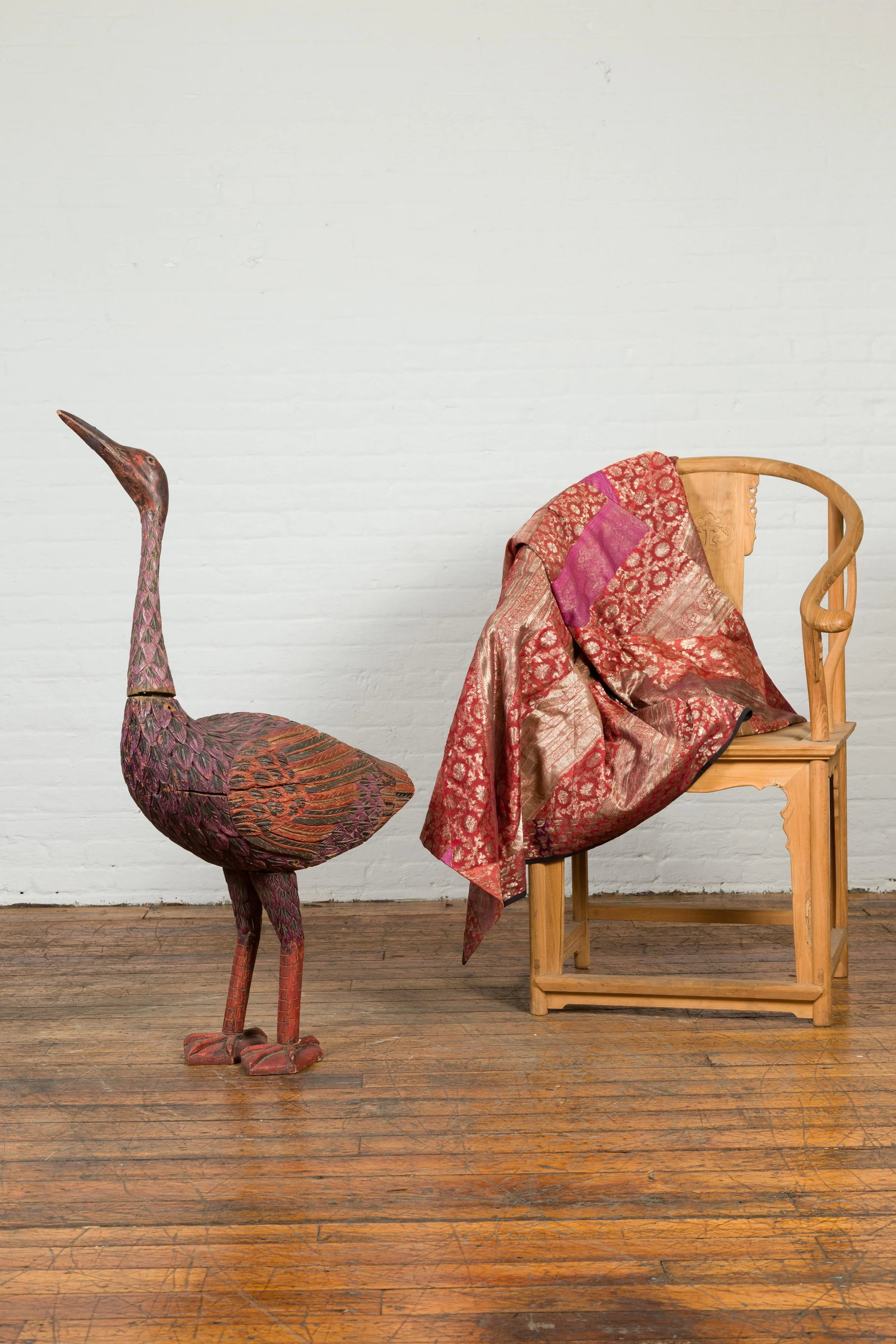 Indonesian Hand Carved Heron Sculpture with Purple, Orange and Black Tones - 7