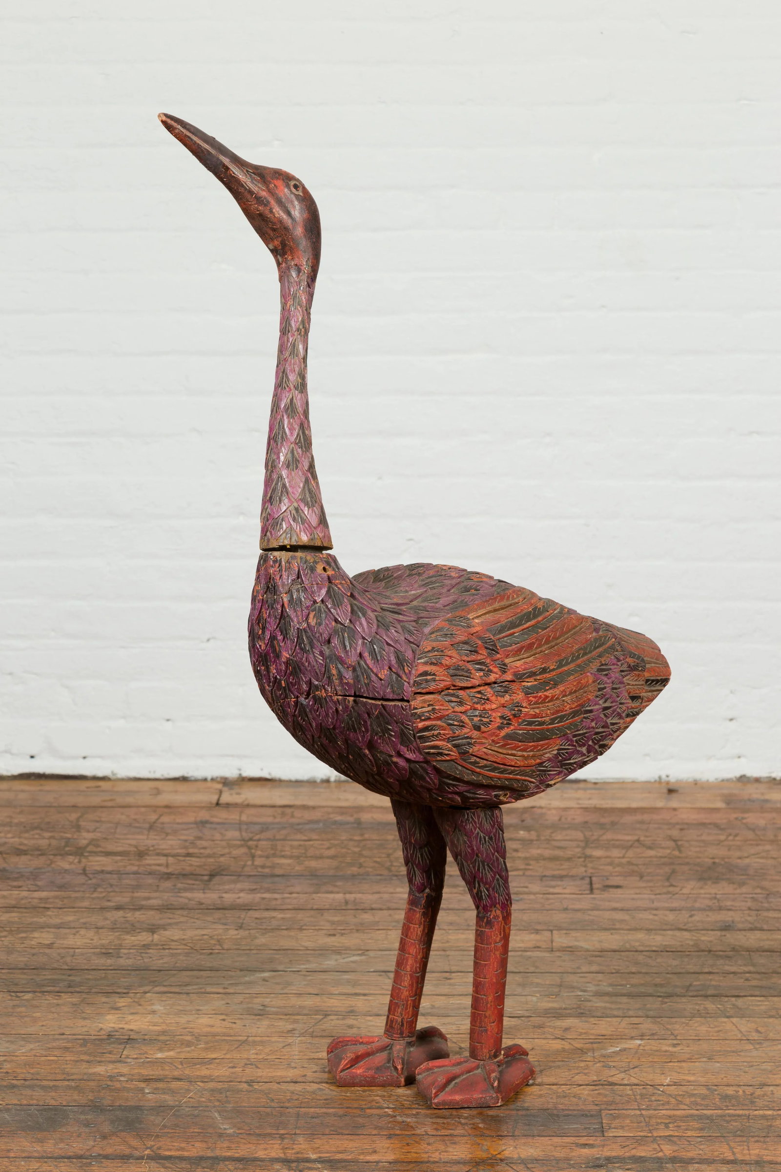 Indonesian Hand Carved Heron Sculpture with Purple, Orange and Black Tones - 8