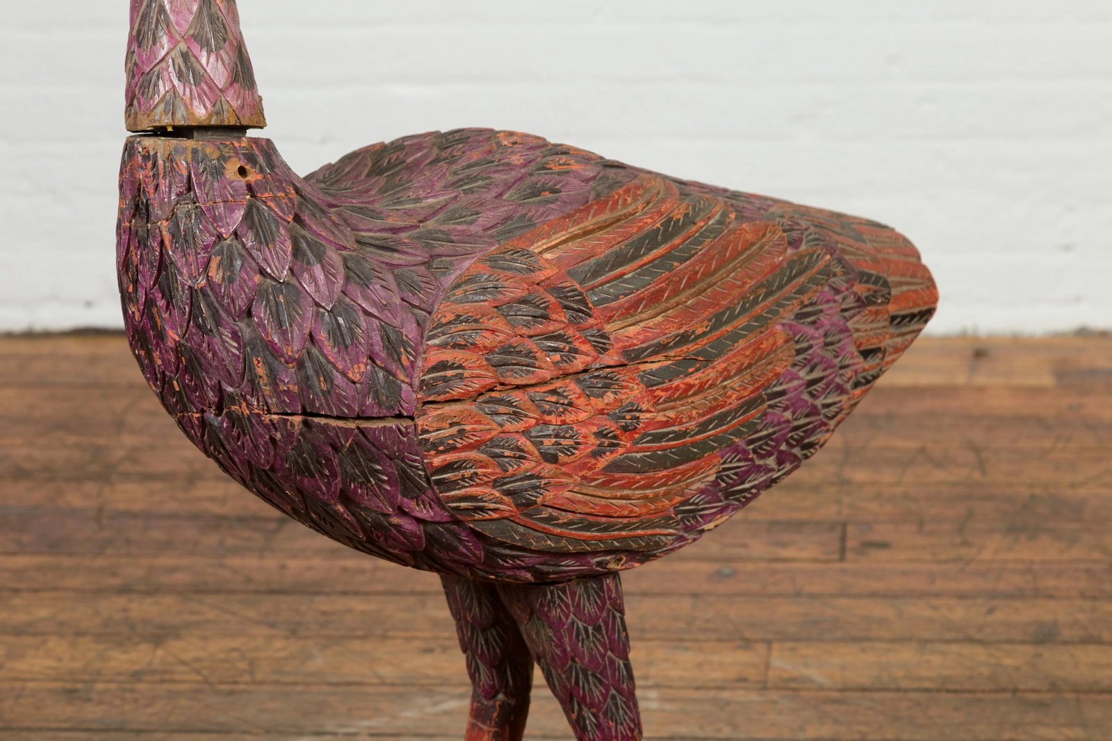 Indonesian Hand Carved Heron Sculpture with Purple, Orange and Black Tones - 9