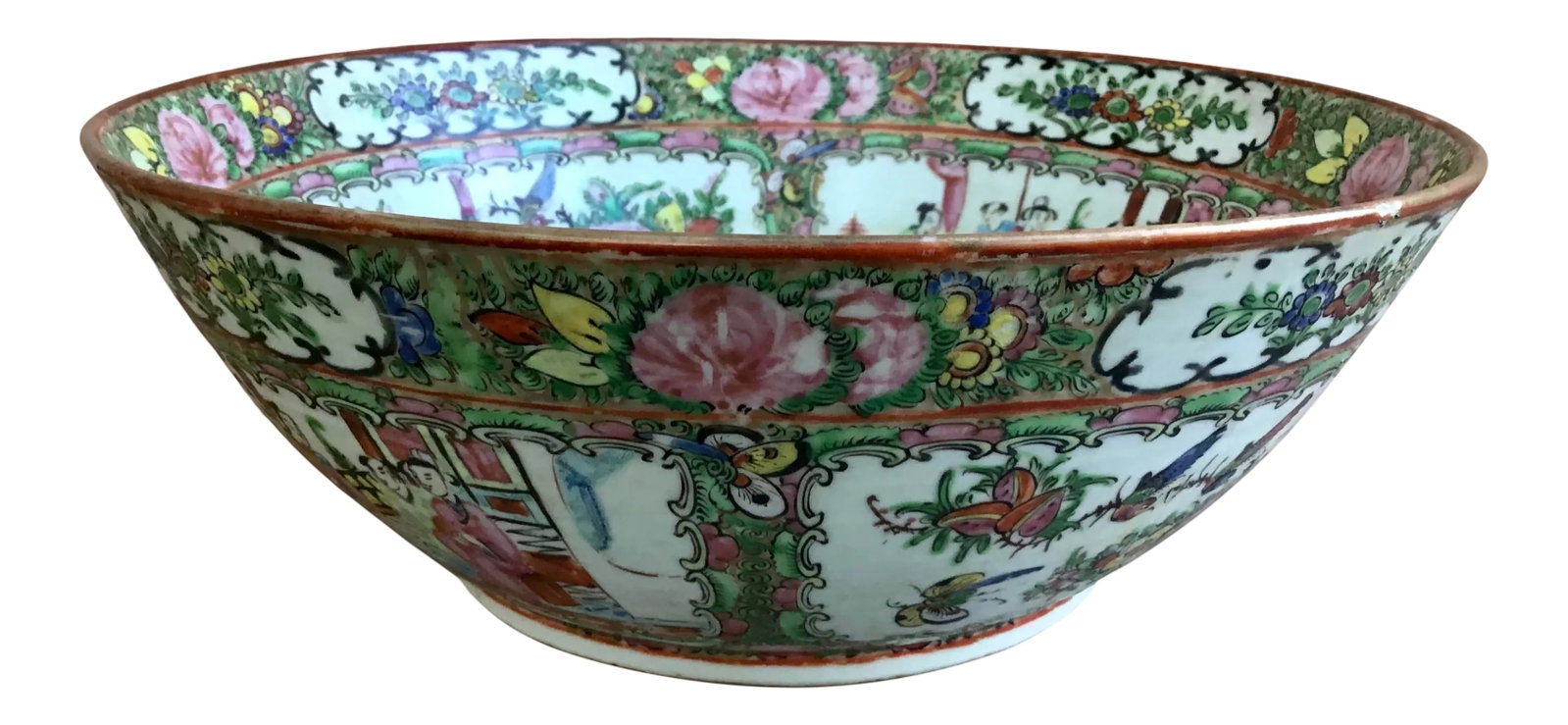 Chinese Export Rose Medallion Large Bowl 19th C: Hand-painted porcelain Rose Medallion large bowl with painted court scenes and all over decoration of birds and flowers. The bowl is decorated inside and outside and embellished with gold gilt