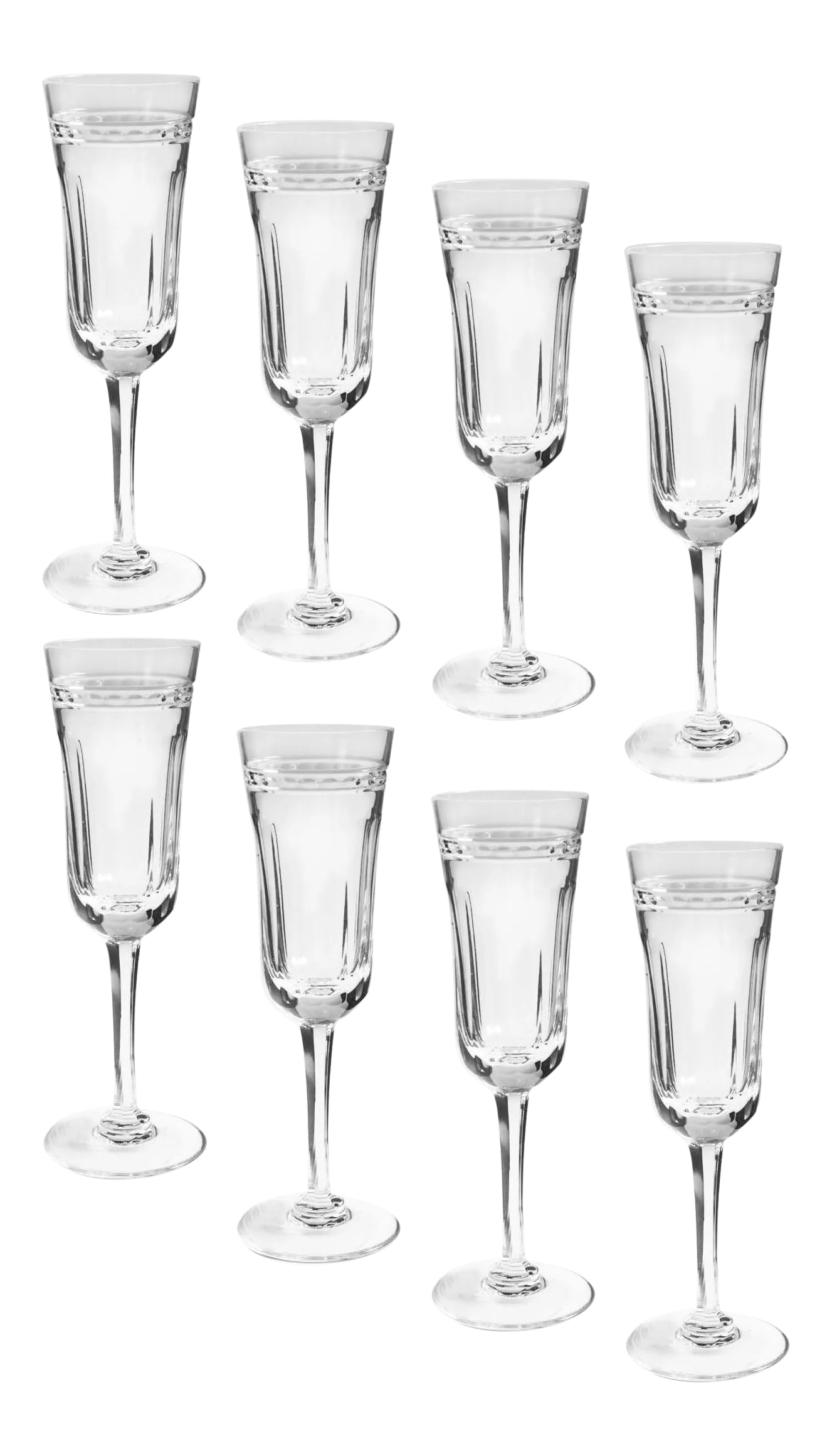 1960s Wedgwood Crystal Stem Glasses - Set of 8 Champagne Flutes: Wedgwood blown glass crystal fluted champagne glasses. Elegant band surrounding the top with faceted stems. Maker's mark etched in the stem. For over 260 years Wedgwood Product Design and Development 