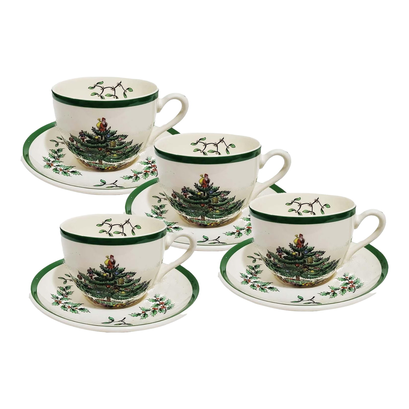 1980s Traditional Spode Christmas Tree Pattern Flat Cups & Saucers - Set of 4: Set of 4 Spode Christmas Tree flat cups & saucers, Made in England, excellent condition Measures: Cup 3 1/4" opening x 2 3/4" high, Saucer 5 5/8" diameter Condition: Alterations: Original Condition