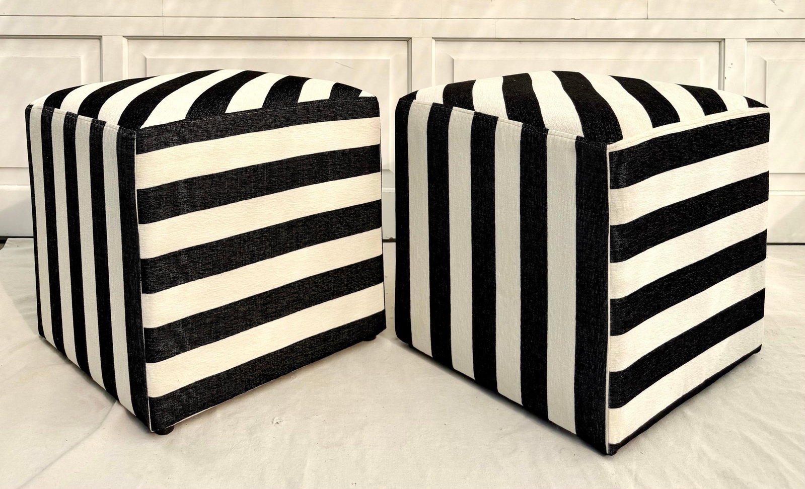 Modern Postmodern Black and White Striped Newly Upholstered Vintage Cube Ottoman - 10