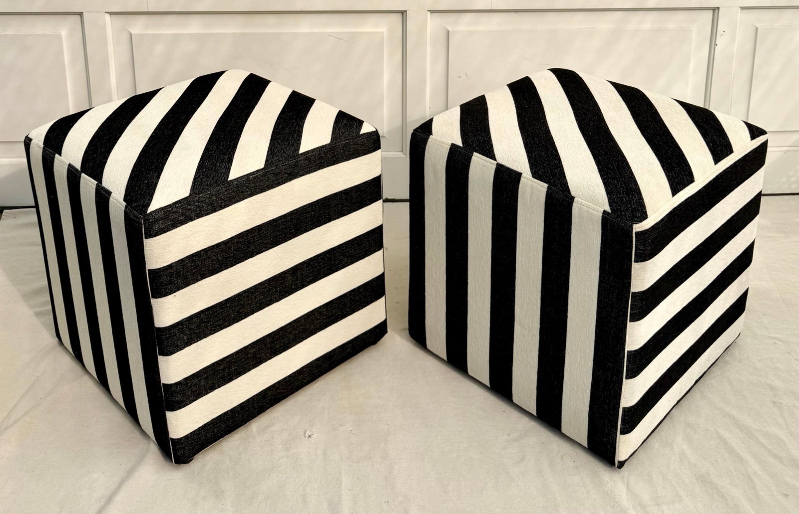 Modern Postmodern Black and White Striped Newly Upholstered Vintage Cube Ottoman - 11