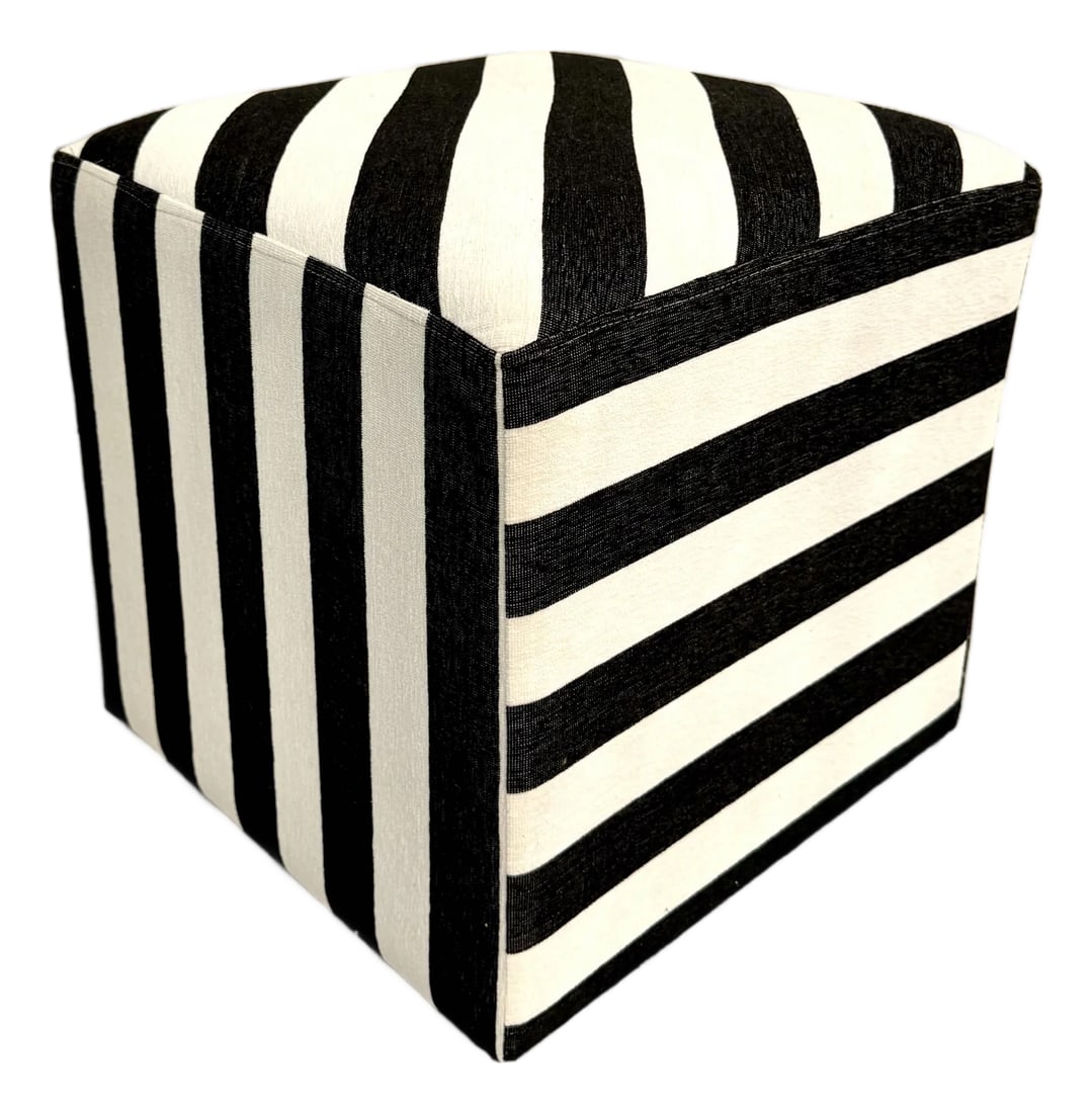 Modern Postmodern Black and White Striped Newly Upholstered Vintage Cube Ottoman: Here is a wonderful, vintage cube shaped ottoman that has been newly upholstered in a velvet-cotton blend black and white striped fabric. The listing is for ONE ottoman, but as you can see I have a