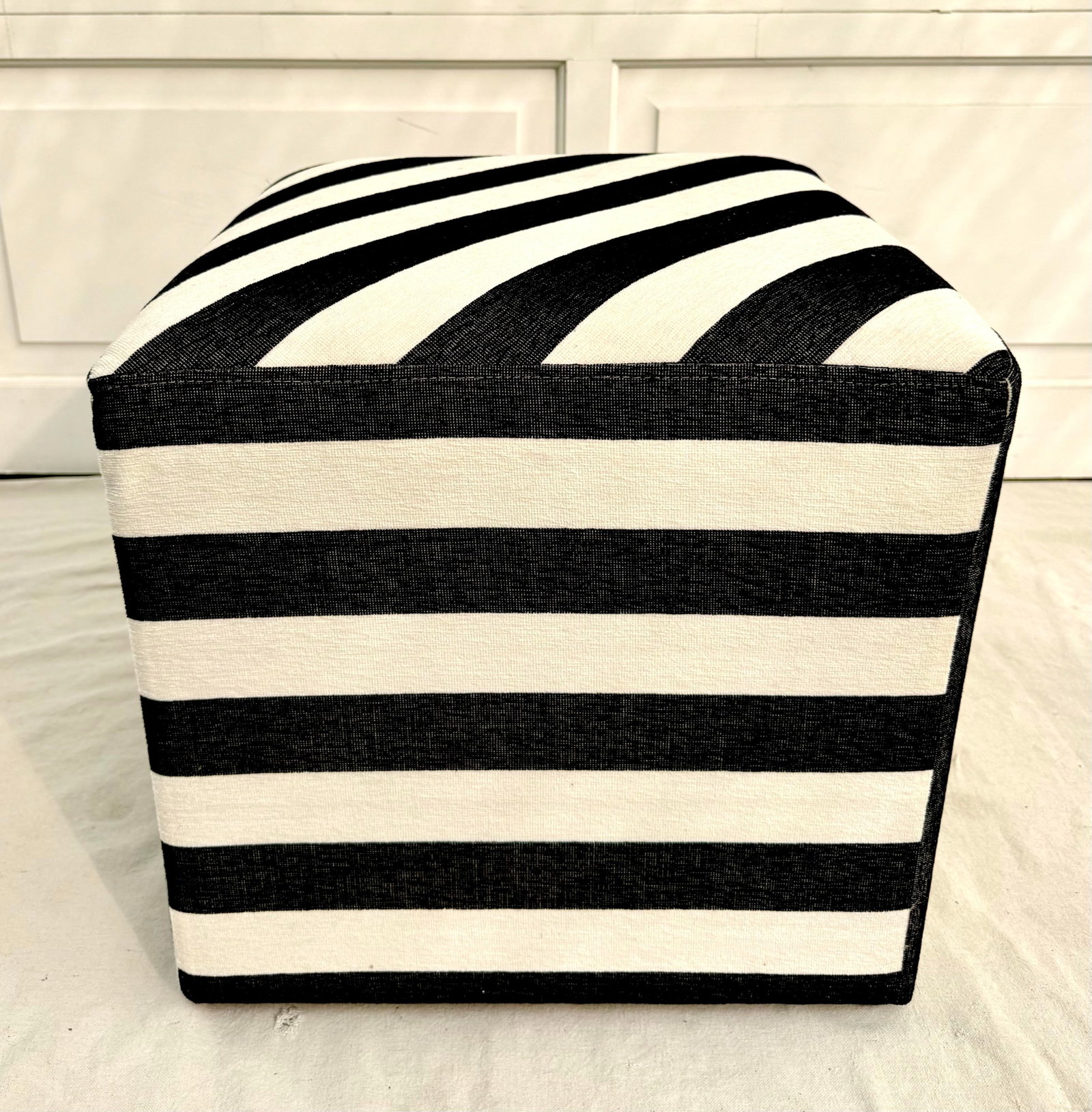 Modern Postmodern Black and White Striped Newly Upholstered Vintage Cube Ottoman - 2