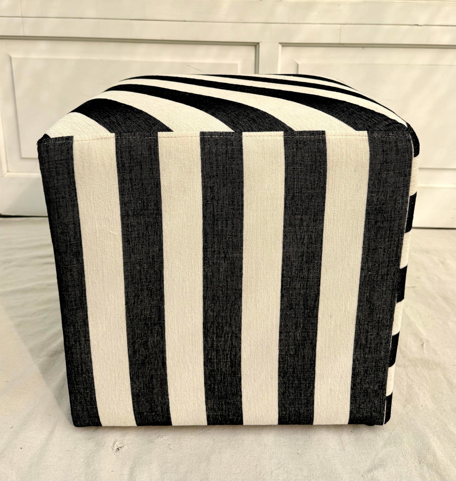 Modern Postmodern Black and White Striped Newly Upholstered Vintage Cube Ottoman - 4