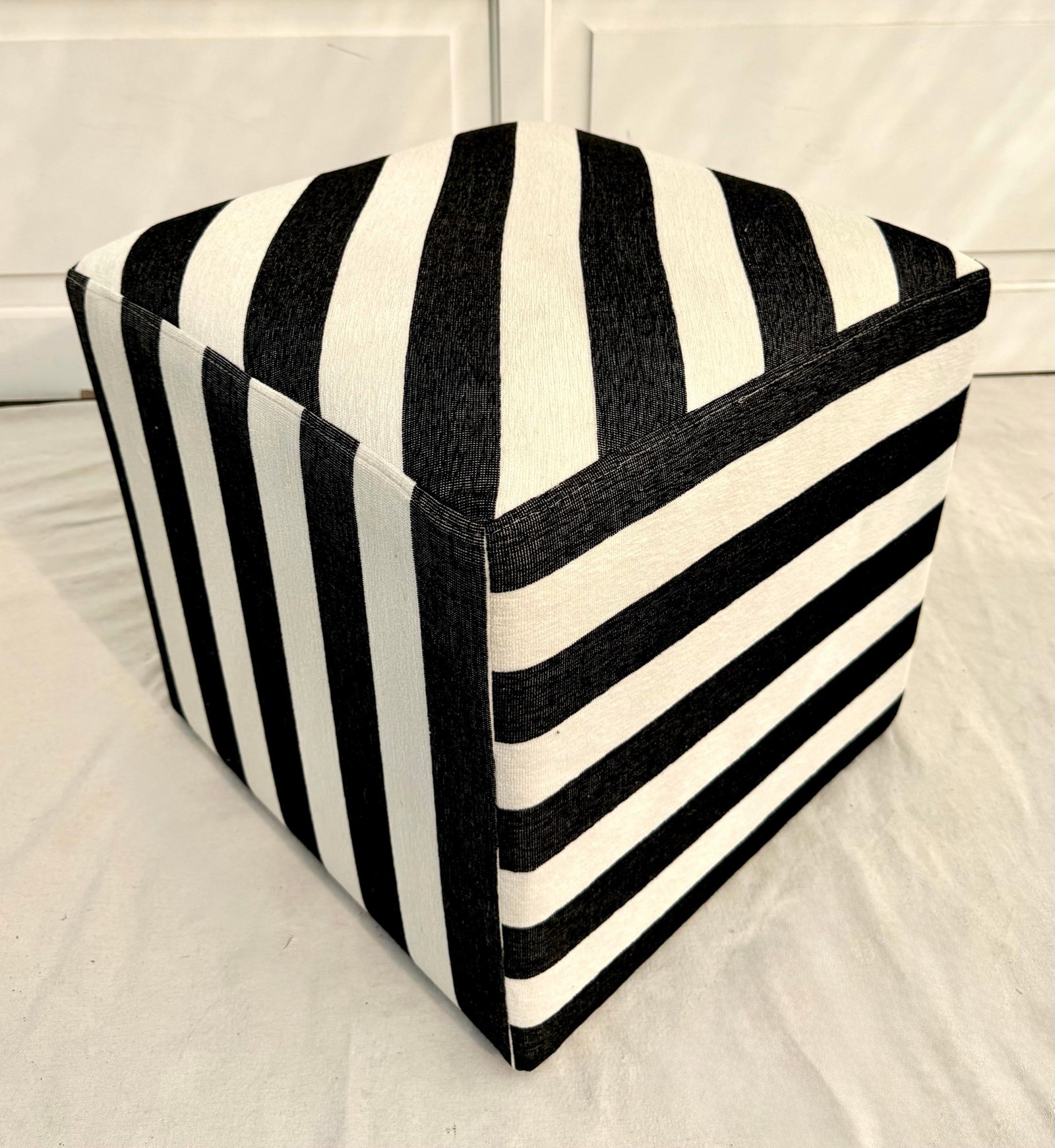 Modern Postmodern Black and White Striped Newly Upholstered Vintage Cube Ottoman - 5