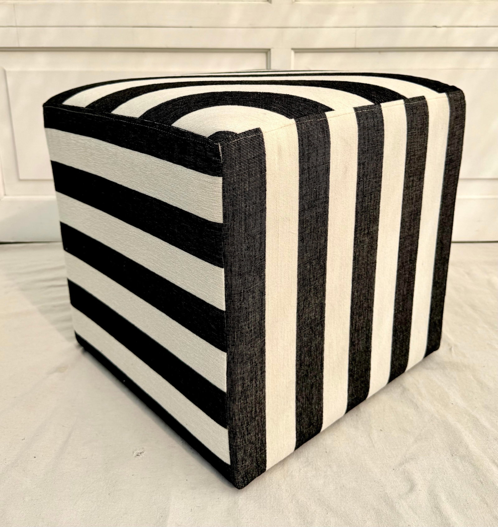 Modern Postmodern Black and White Striped Newly Upholstered Vintage Cube Ottoman - 6