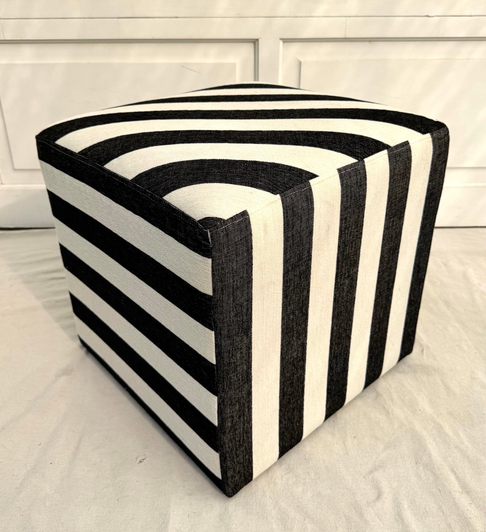 Modern Postmodern Black and White Striped Newly Upholstered Vintage Cube Ottoman - 7