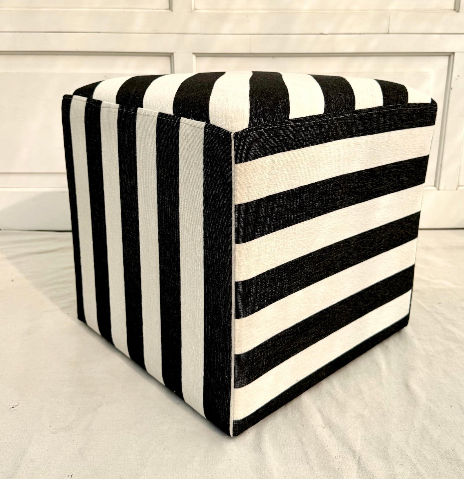Modern Postmodern Black and White Striped Newly Upholstered Vintage Cube Ottoman - 8
