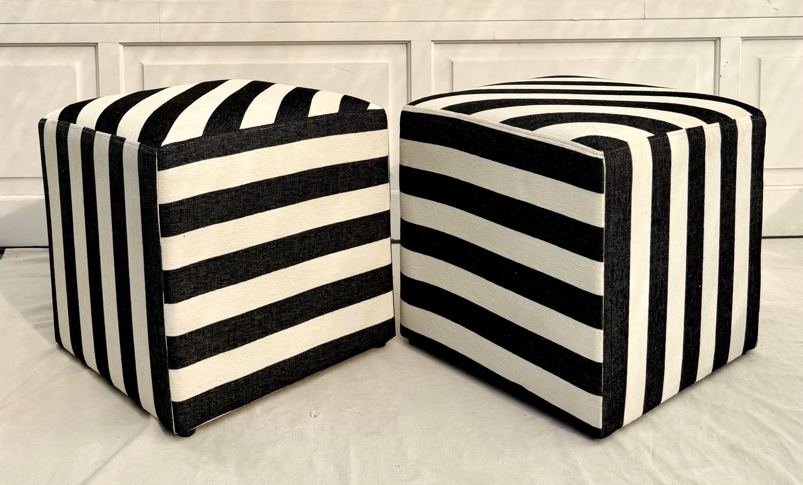 Modern Postmodern Black and White Striped Newly Upholstered Vintage Cube Ottoman - 9