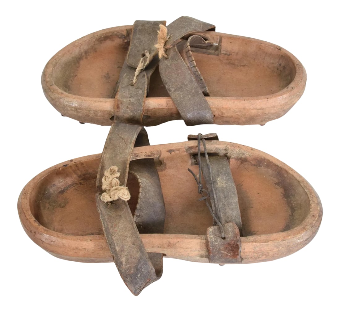 Antique Asian Decorative Japanese Shoes Leather Wood Open Toe: For your consideration, Antique Asian JapaneseÂ shoes leather wood open toe with cleats 19th century Japan Pair of antique wood, iron & leather garden shoes with cleats -metal spikes on