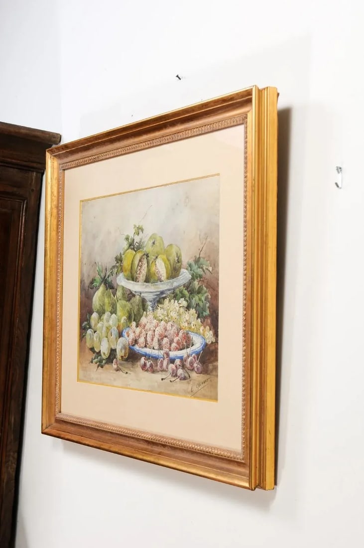 19th Century French Fruit Still Life Watercolor Painting Signed E Calmant, Framed - 11