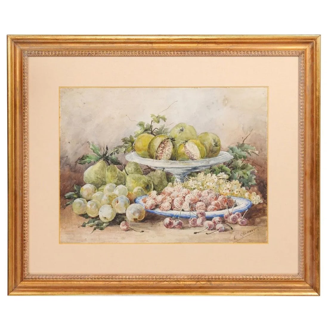 19th Century French Fruit Still Life Watercolor Painting Signed E Calmant, Framed - 13