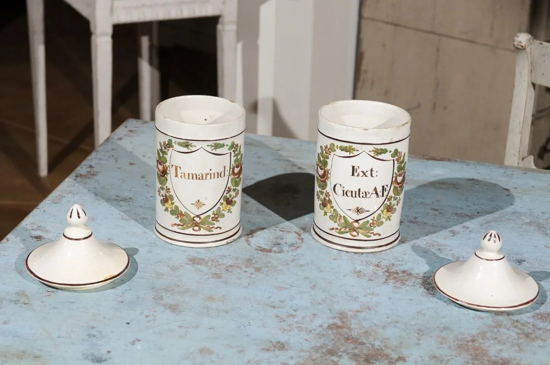 Late 18th Century French Directoire Lidded Apothecary Jars with Labels- a Pair - 5