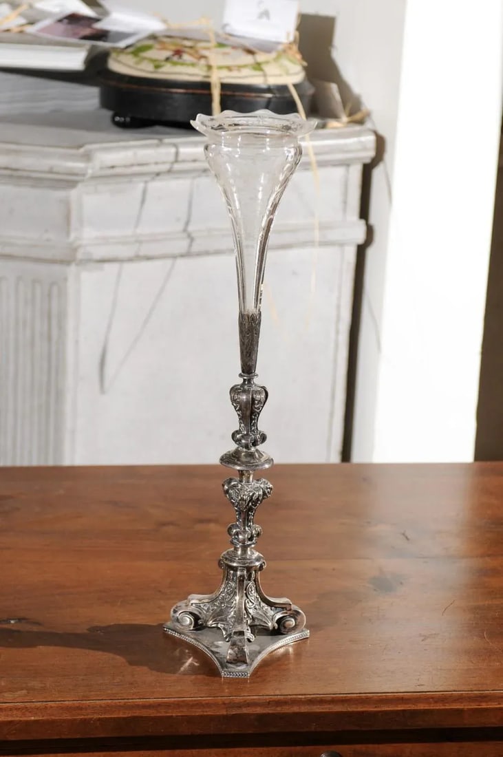 19th Century English Late Victorian Epergne with Silver Base and Crystal Vase - 10