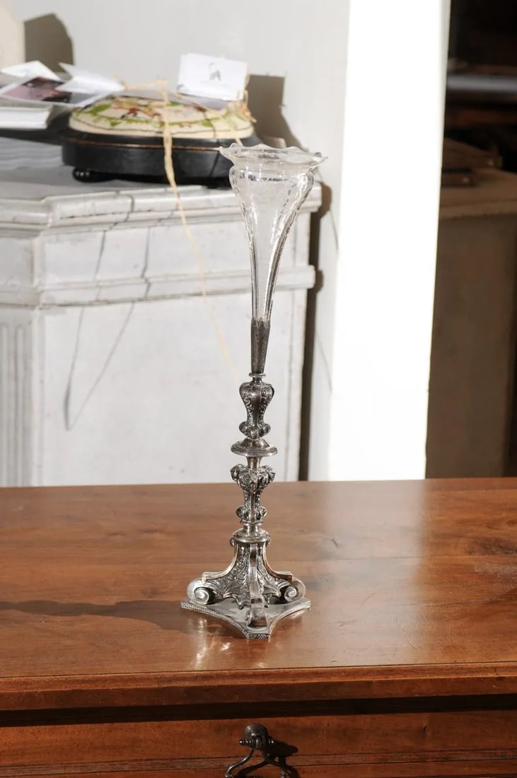 19th Century English Late Victorian Epergne with Silver Base and Crystal Vase - 2