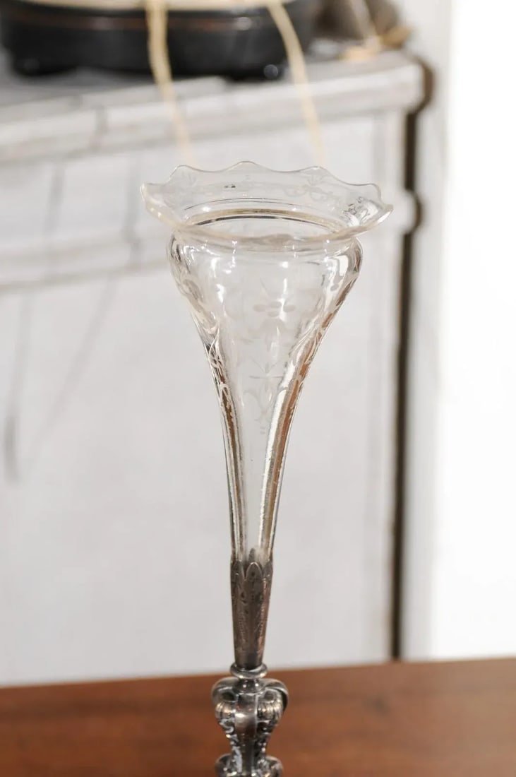 19th Century English Late Victorian Epergne with Silver Base and Crystal Vase - 5