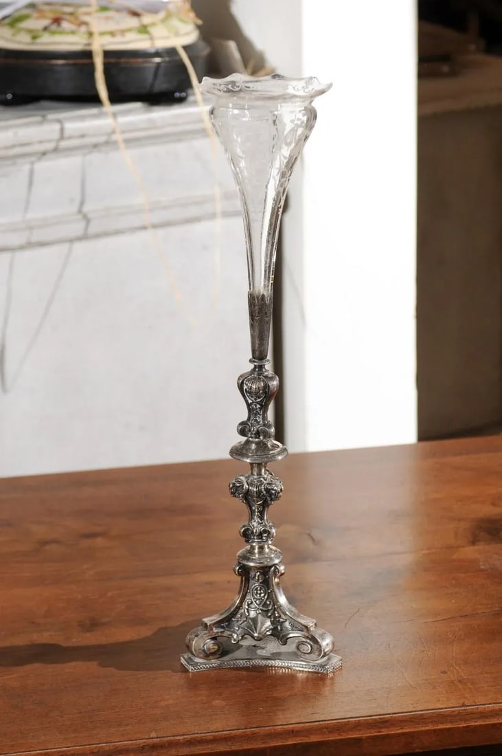 19th Century English Late Victorian Epergne with Silver Base and Crystal Vase - 6