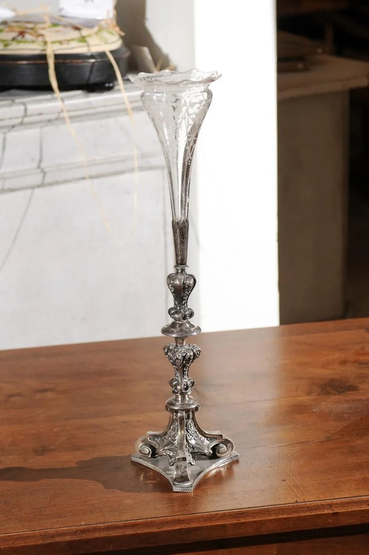 19th Century English Late Victorian Epergne with Silver Base and Crystal Vase - 7