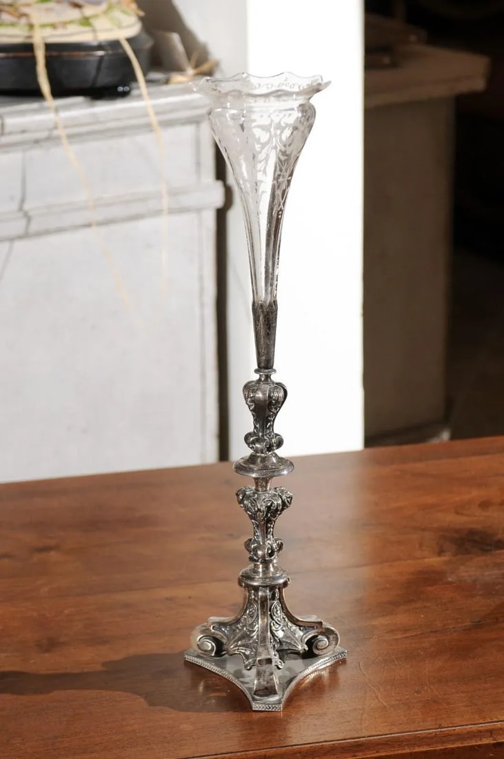 19th Century English Late Victorian Epergne with Silver Base and Crystal Vase - 8