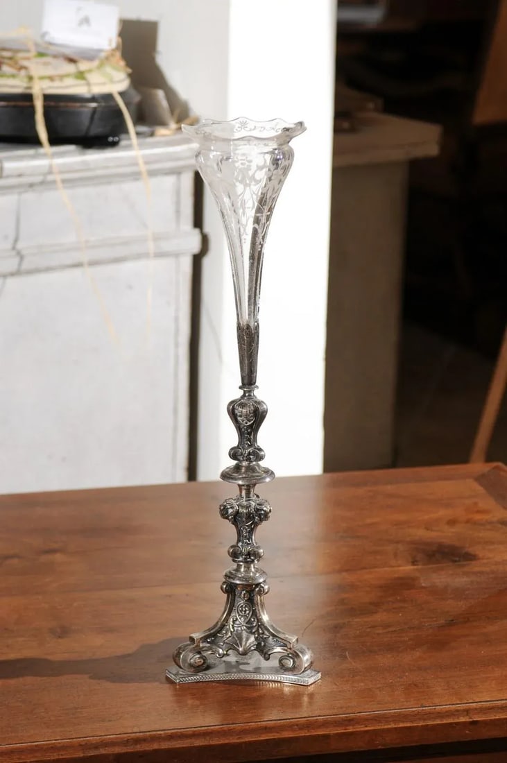 19th Century English Late Victorian Epergne with Silver Base and Crystal Vase - 9
