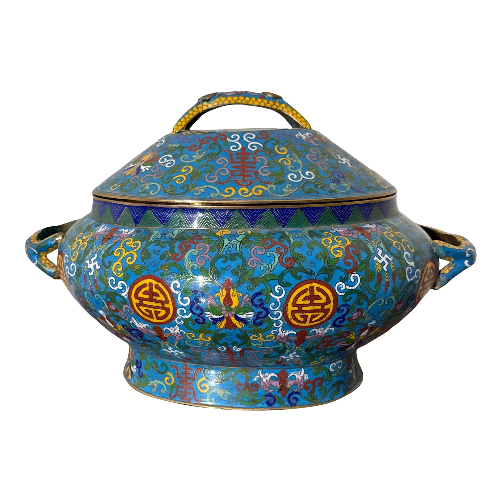 19th Century Antique Chinese Blue and Yellow Cloisonne Covered Tureen: This is a striking antique Chinese cloisonné enamel covered bowl or tureen, featuring rich blue and yellow tones with traditional scrollwork and longevity motifs. The body is beautifully crafted 