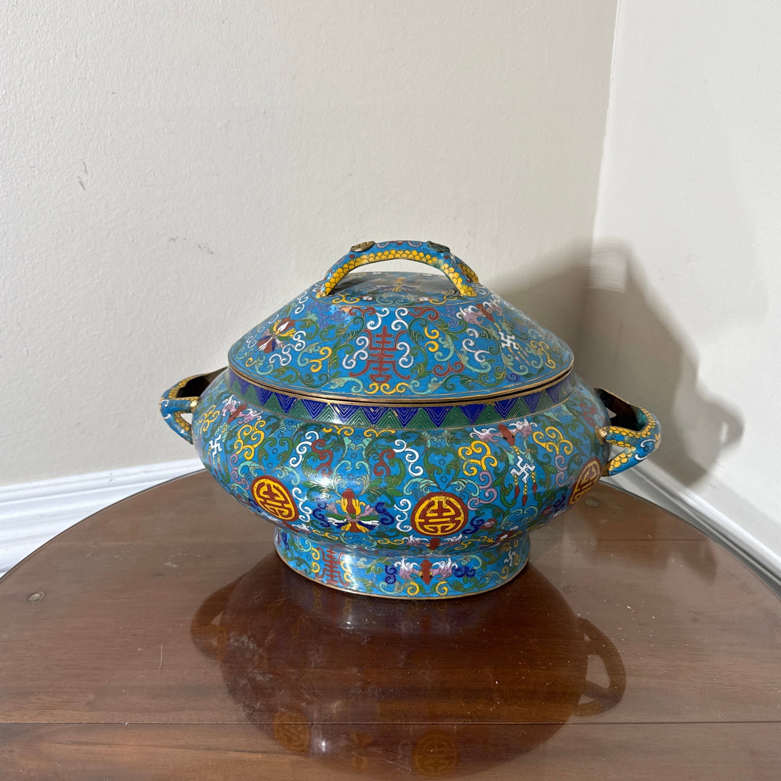 19th Century Antique Chinese Blue and Yellow Cloisonne Covered Tureen - 9