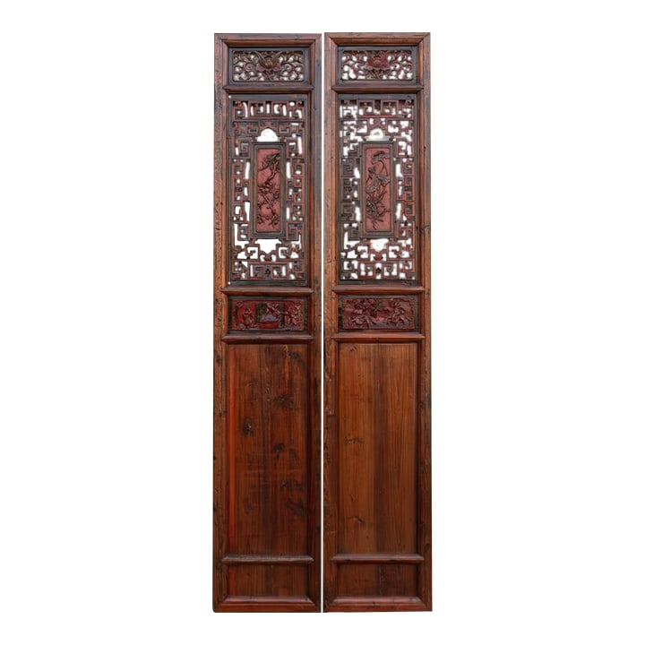Monumental 103" Tall Chinese Lattice Door Screens, a Pair: This exceptional pair of tall Chinese Lattice Door Screens is museum-worthy architectural salvage, likely originating from a wealthy residence or temple during the Qing Dynasty (1644–1912), or