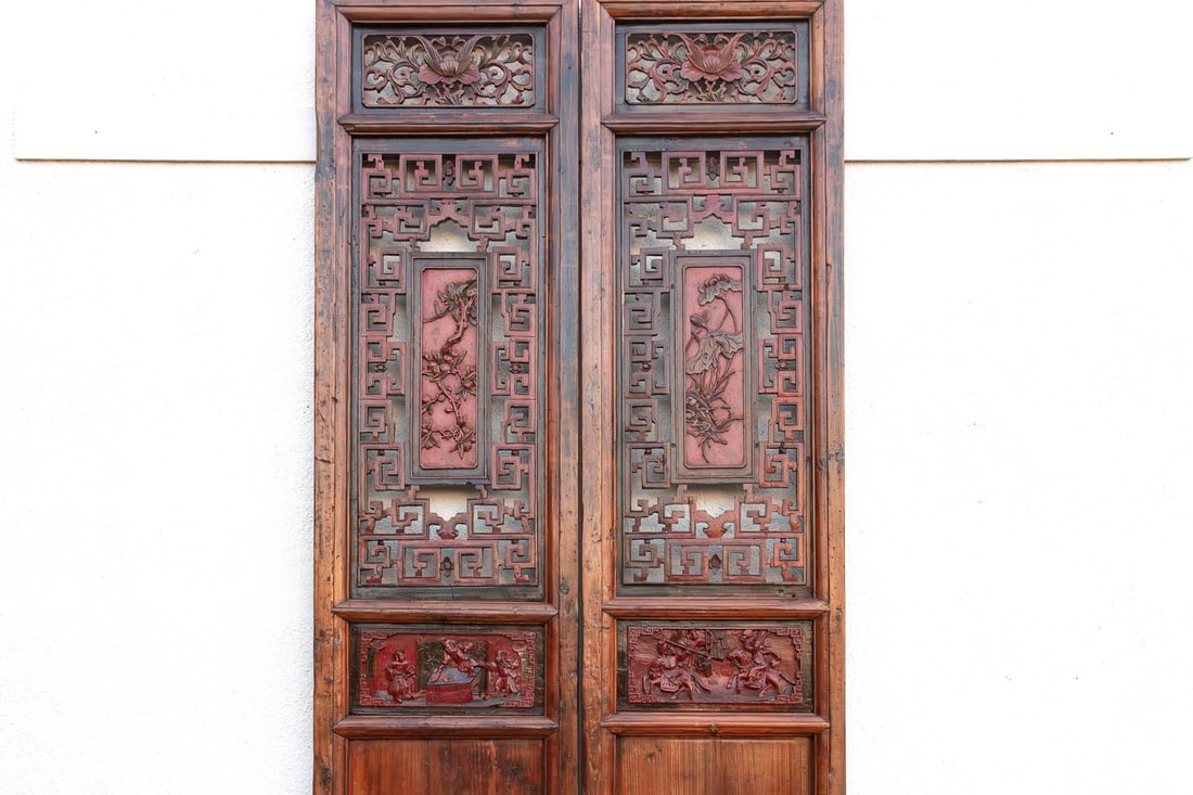 Monumental 103" Tall Chinese Lattice Door Screens, a Pair - 2