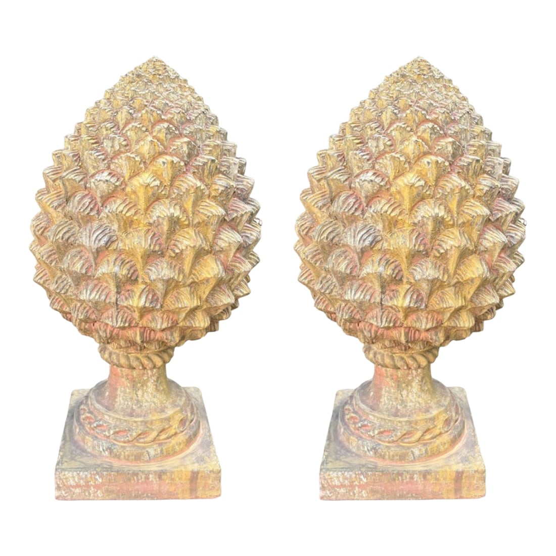 Pair of Italian Terracotta Artichokes: Pair Of Italian Terracotta Artichokes. Offered is a great pair of large well detailed Italian terra cotta artichokes or pinecones. These lovely ornaments would be a lovely addition to the front