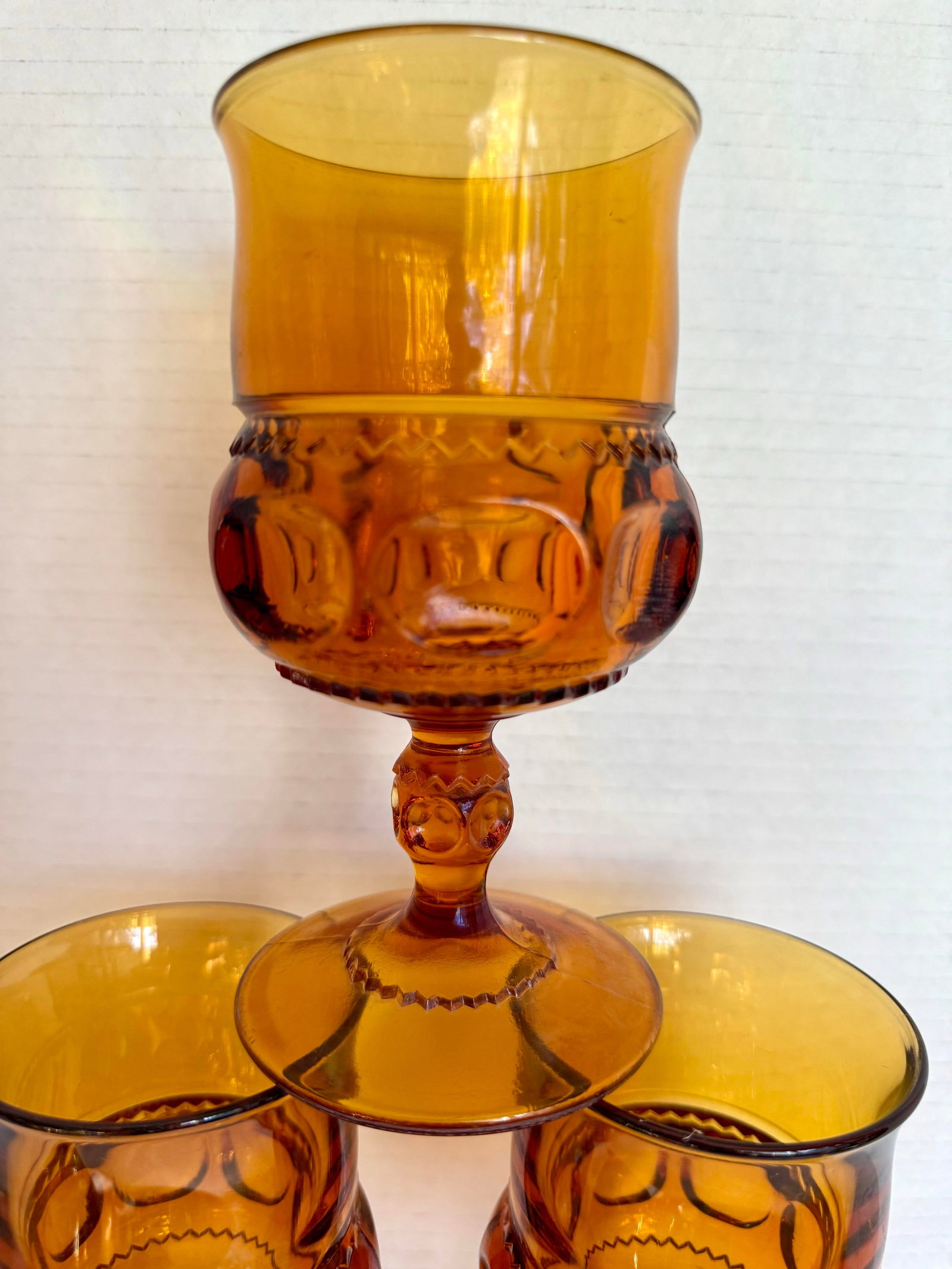 1960s Set of 10 Vintage Amber Glass Thumbprint Wine Glass Goblet Set - 2