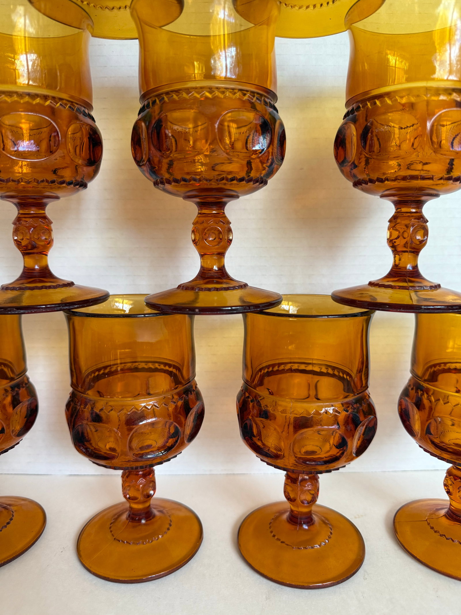 1960s Set of 10 Vintage Amber Glass Thumbprint Wine Glass Goblet Set - 3