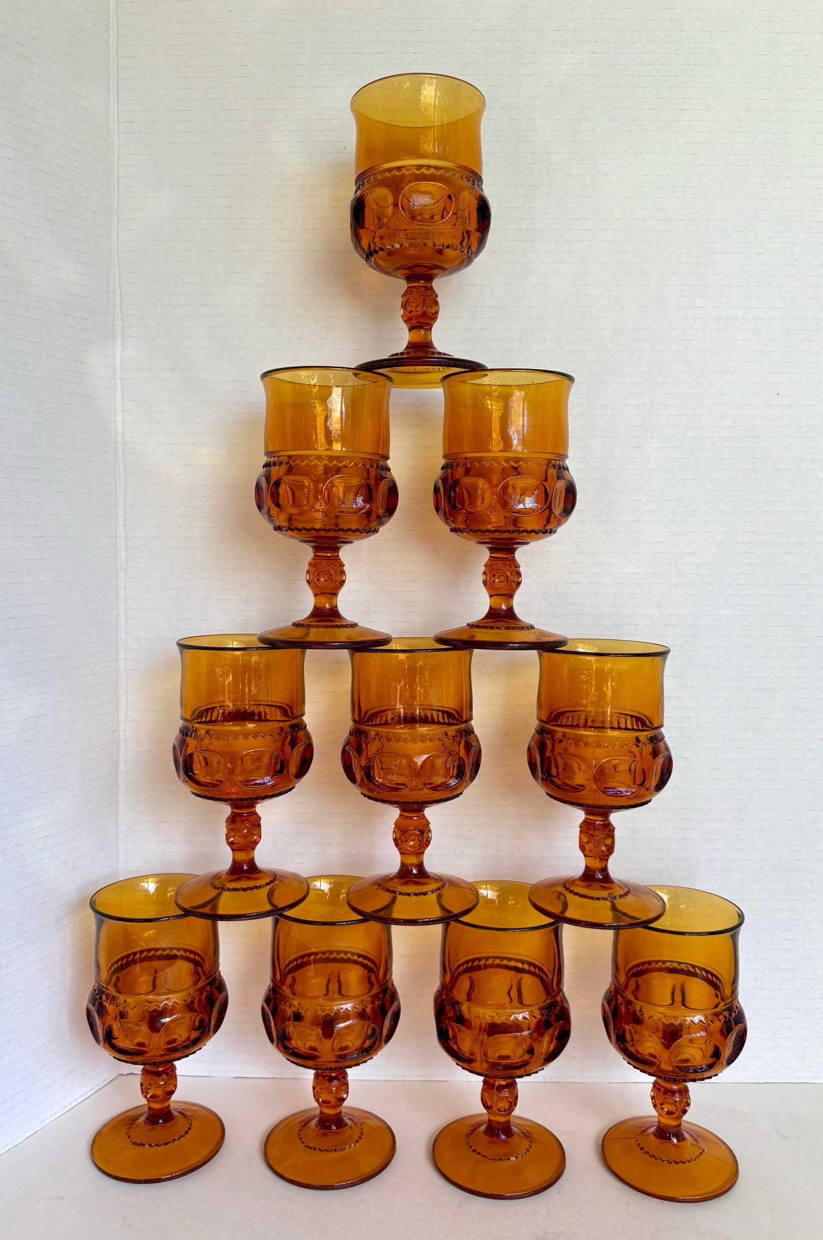 1960s Set of 10 Vintage Amber Glass Thumbprint Wine Glass Goblet Set - 5