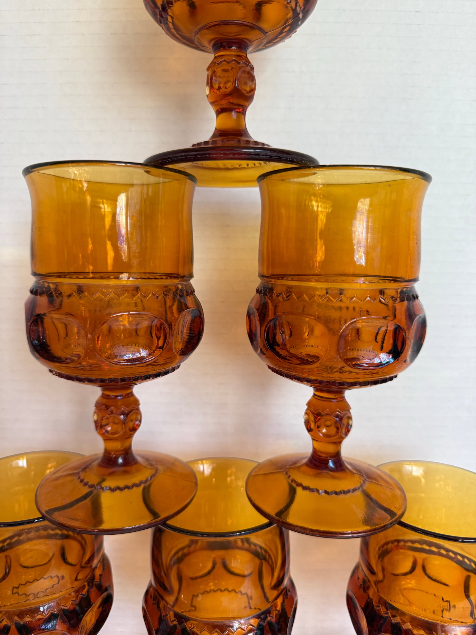 1960s Set of 10 Vintage Amber Glass Thumbprint Wine Glass Goblet Set - 7