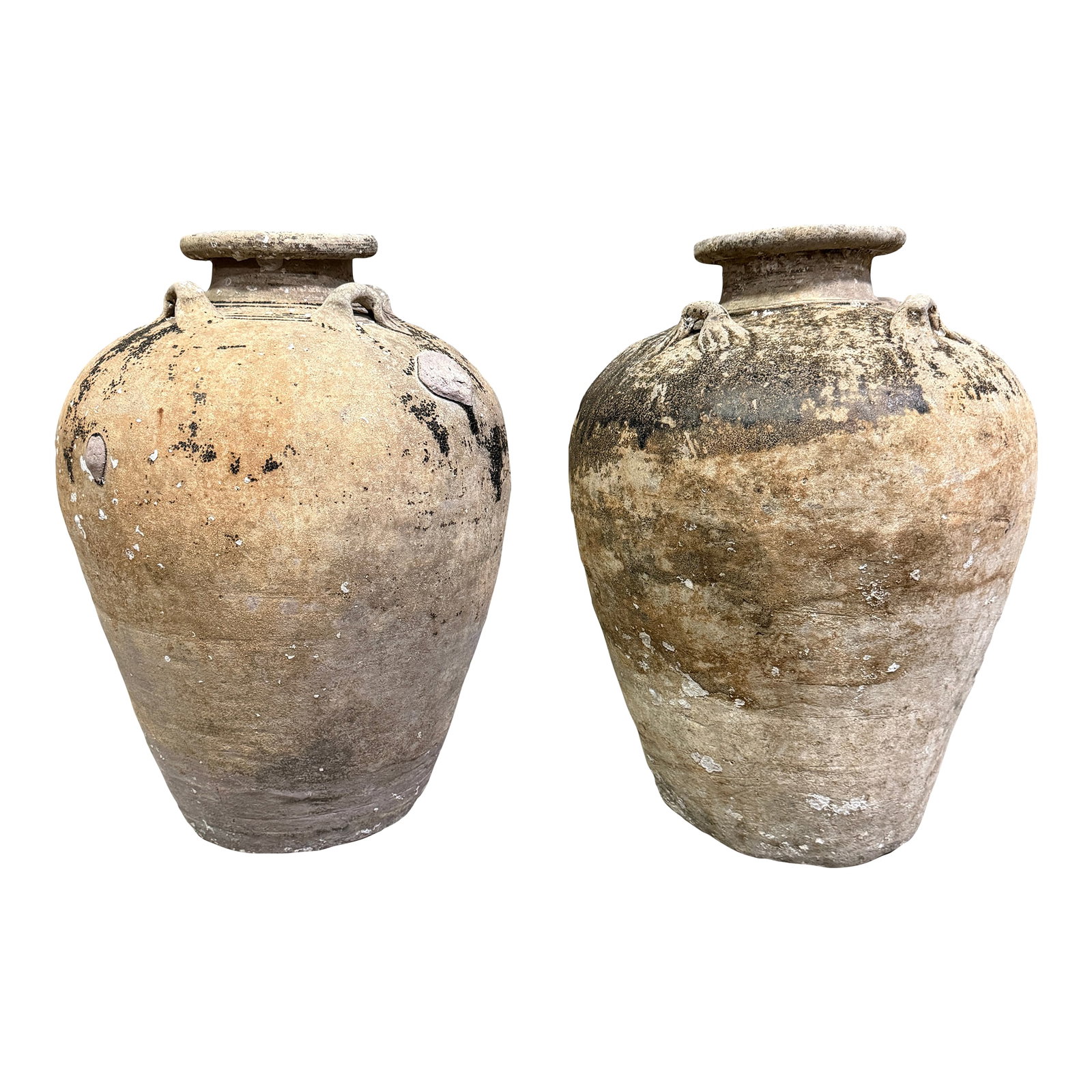Pair of Antique Mediterranean Terracotta Olive Jars, C. 1880: A striking pair of hand-thrown Eastern Mediterranean olive jars dating from the late 19th to early 20th century. Each vessel features a broad, everted rim with incised rings, four small pierced lugs f