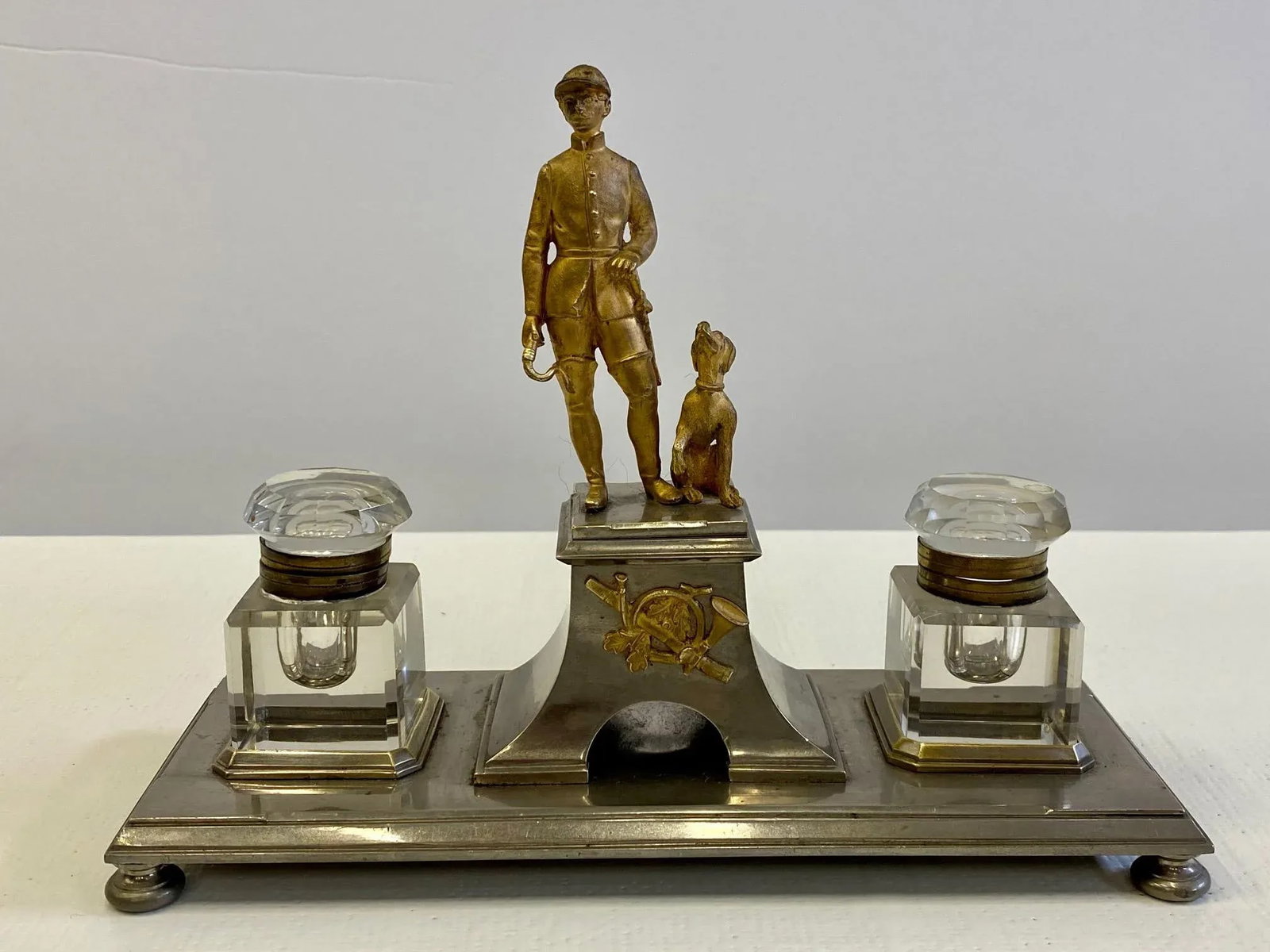 Gilt Bronze Brass and Cut Glass Horseman & Hound Dog Desk Inkwell Set - 10
