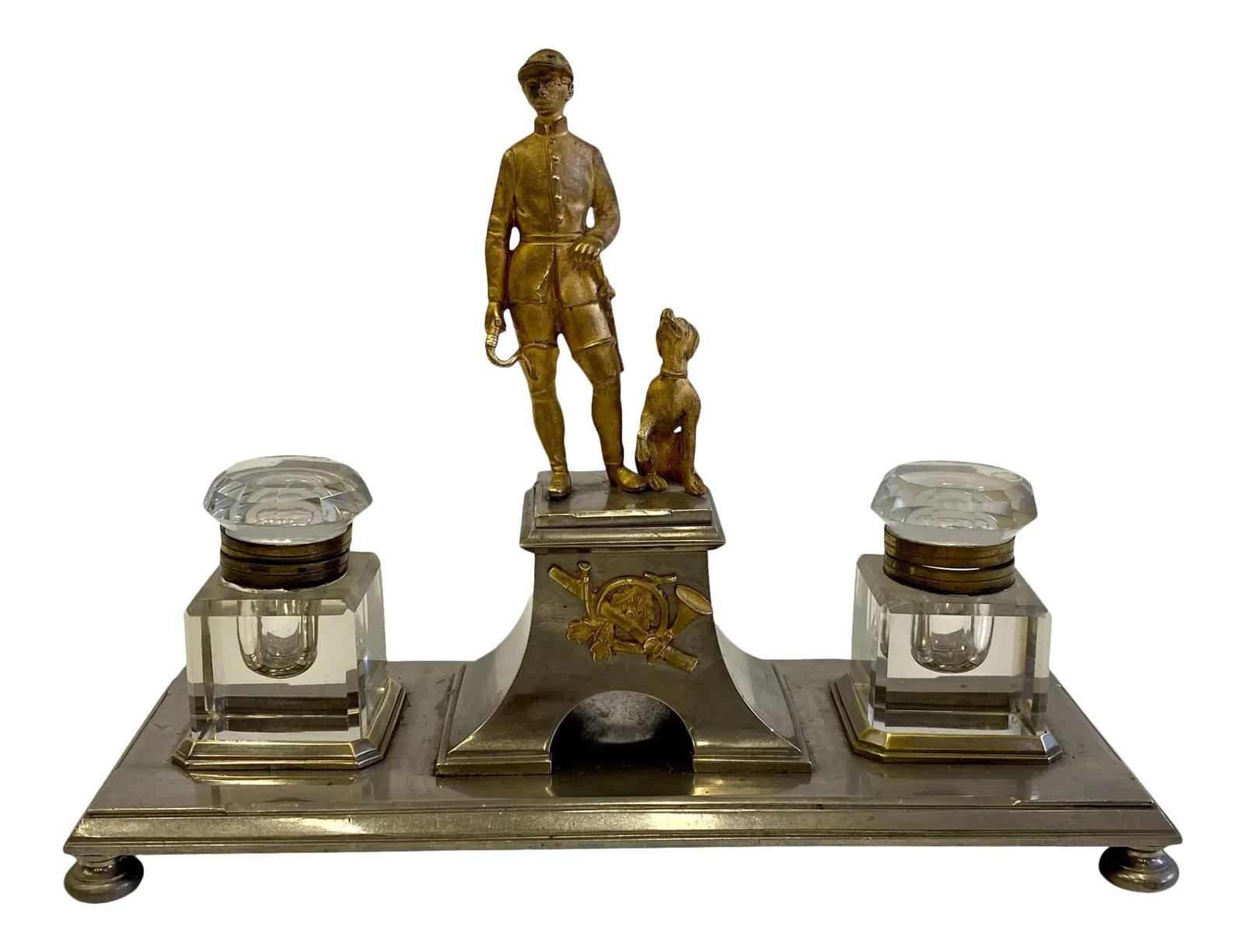 Gilt Bronze Brass and Cut Glass Horseman & Hound Dog Desk Inkwell Set: Marvelously detailed French antique desk accessory inkwell made of gilt bronze and nickel plate having sculptural horseman in period outfit accompanied by loyal hound dog at his side. There are two