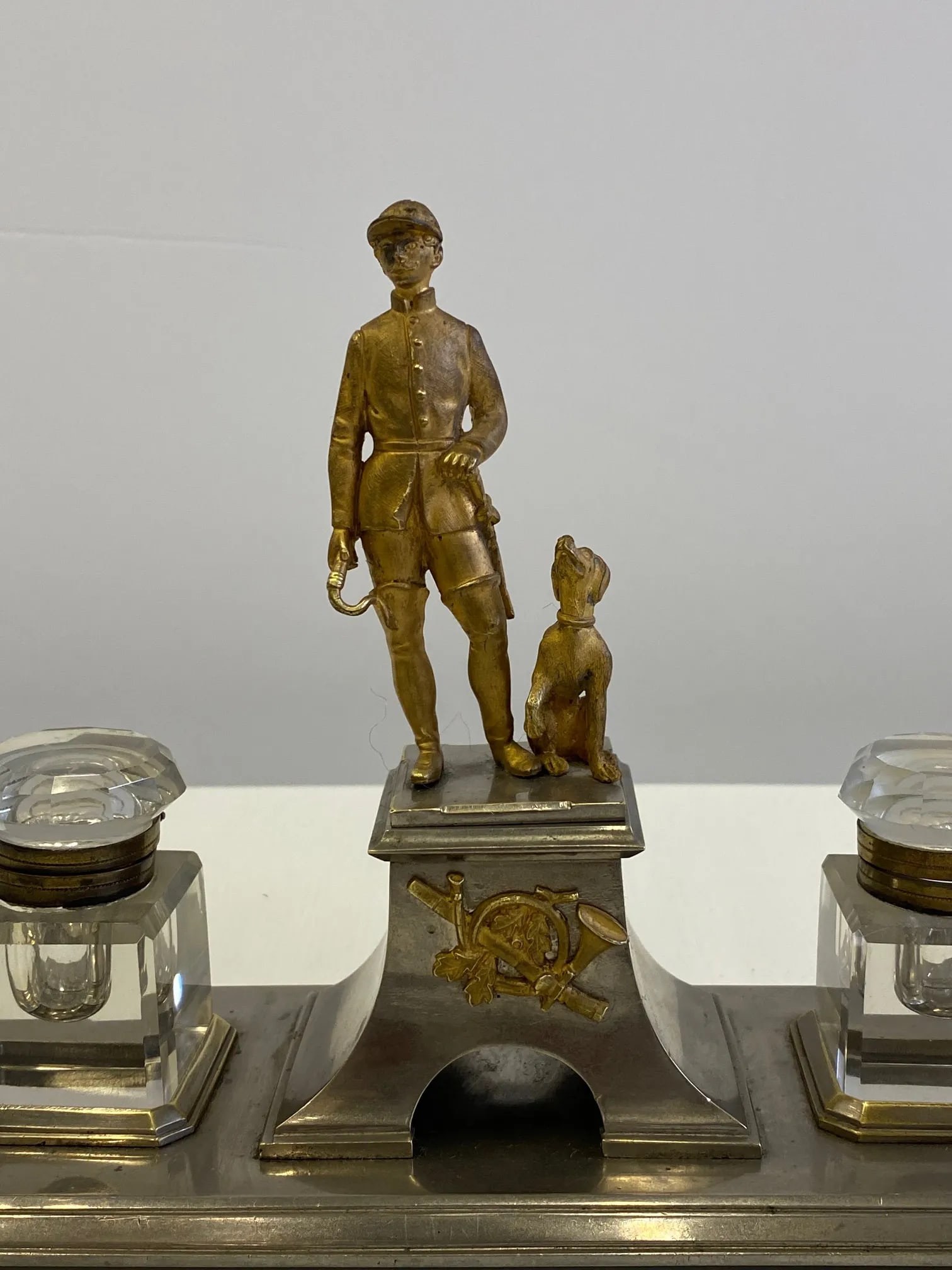 Gilt Bronze Brass and Cut Glass Horseman & Hound Dog Desk Inkwell Set - 2