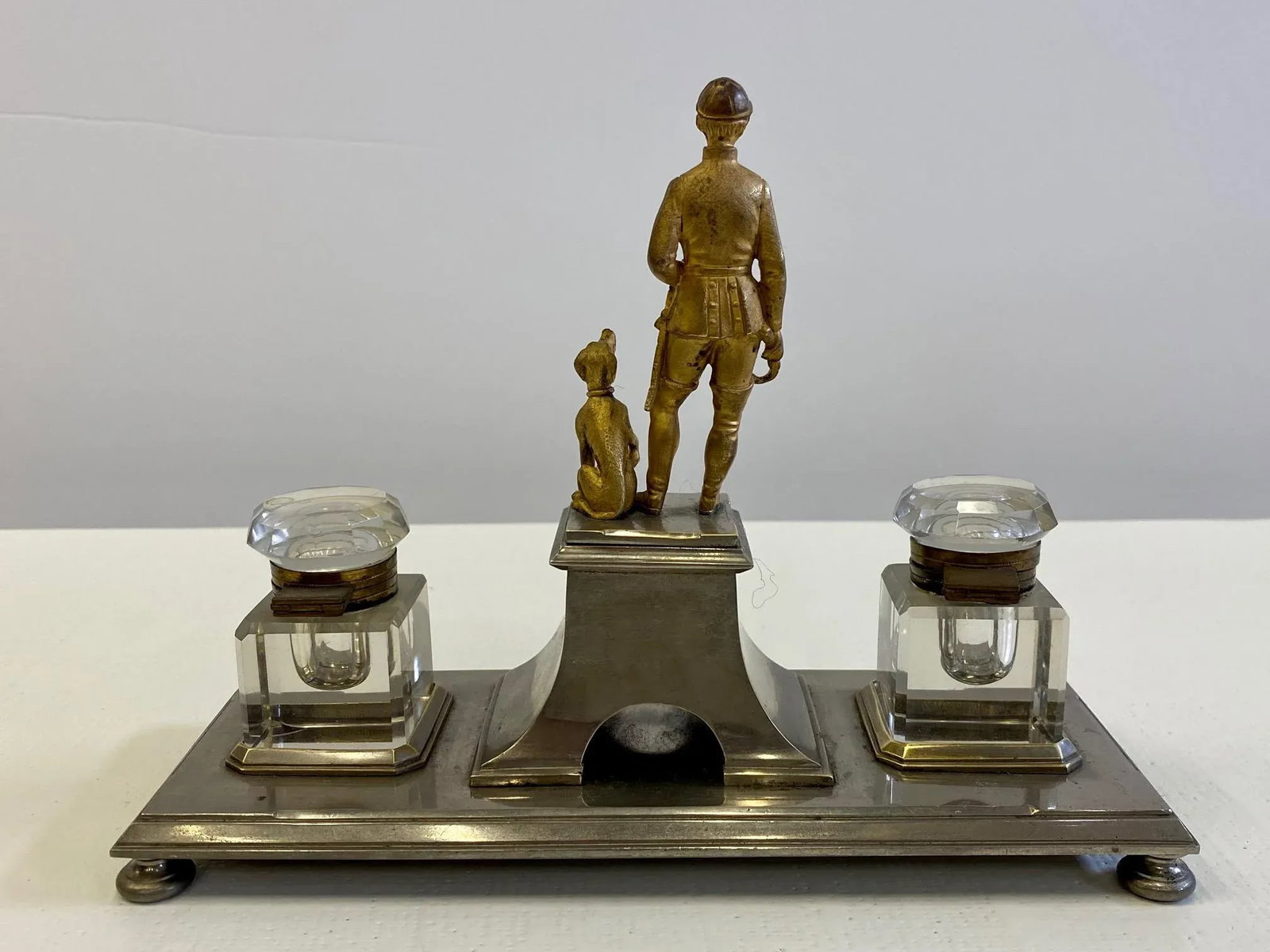 Gilt Bronze Brass and Cut Glass Horseman & Hound Dog Desk Inkwell Set - 4