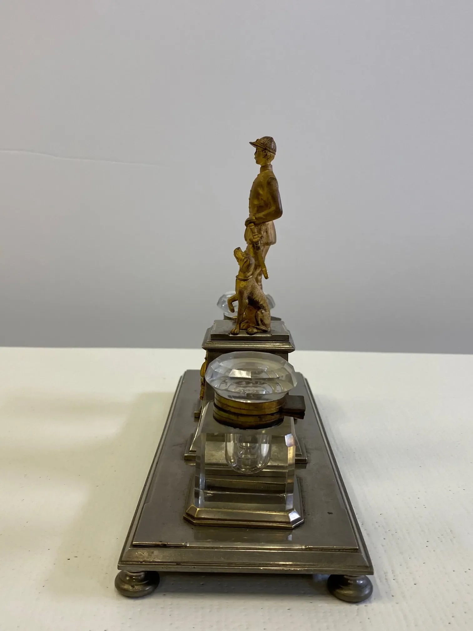 Gilt Bronze Brass and Cut Glass Horseman & Hound Dog Desk Inkwell Set - 5