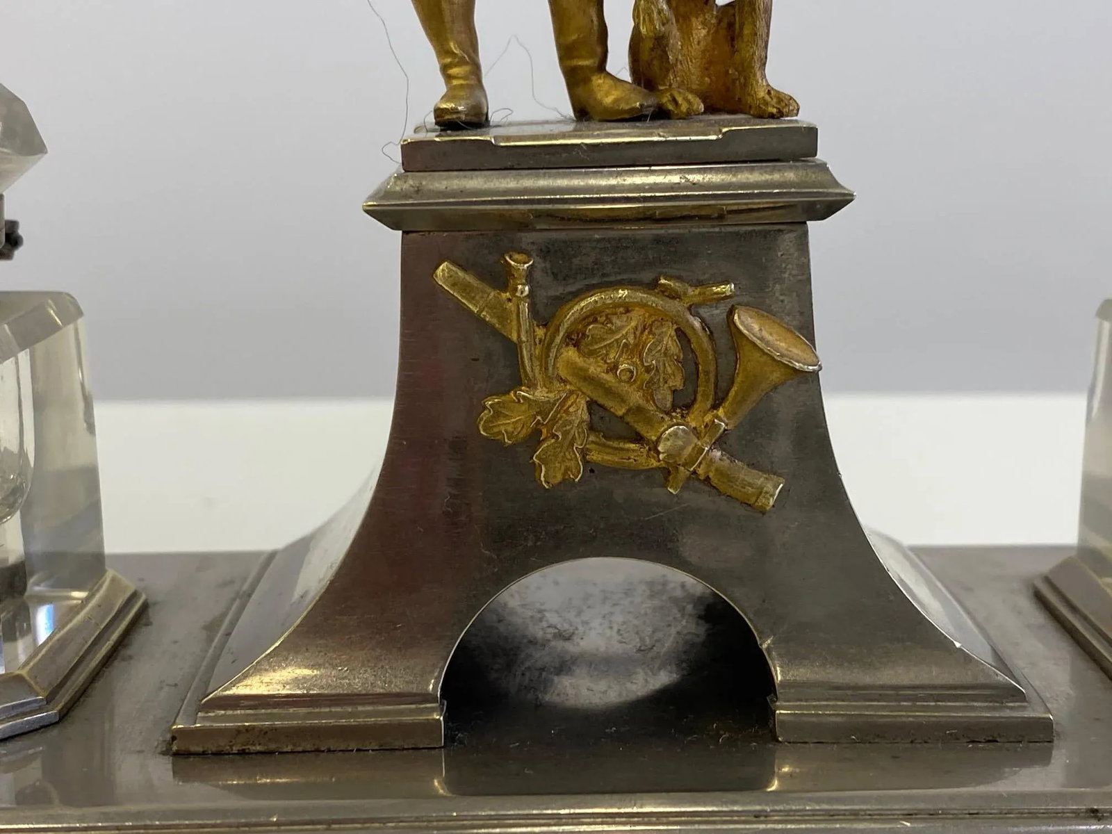 Gilt Bronze Brass and Cut Glass Horseman & Hound Dog Desk Inkwell Set - 6