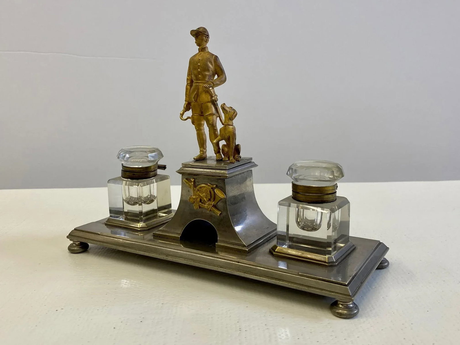 Gilt Bronze Brass and Cut Glass Horseman & Hound Dog Desk Inkwell Set - 7