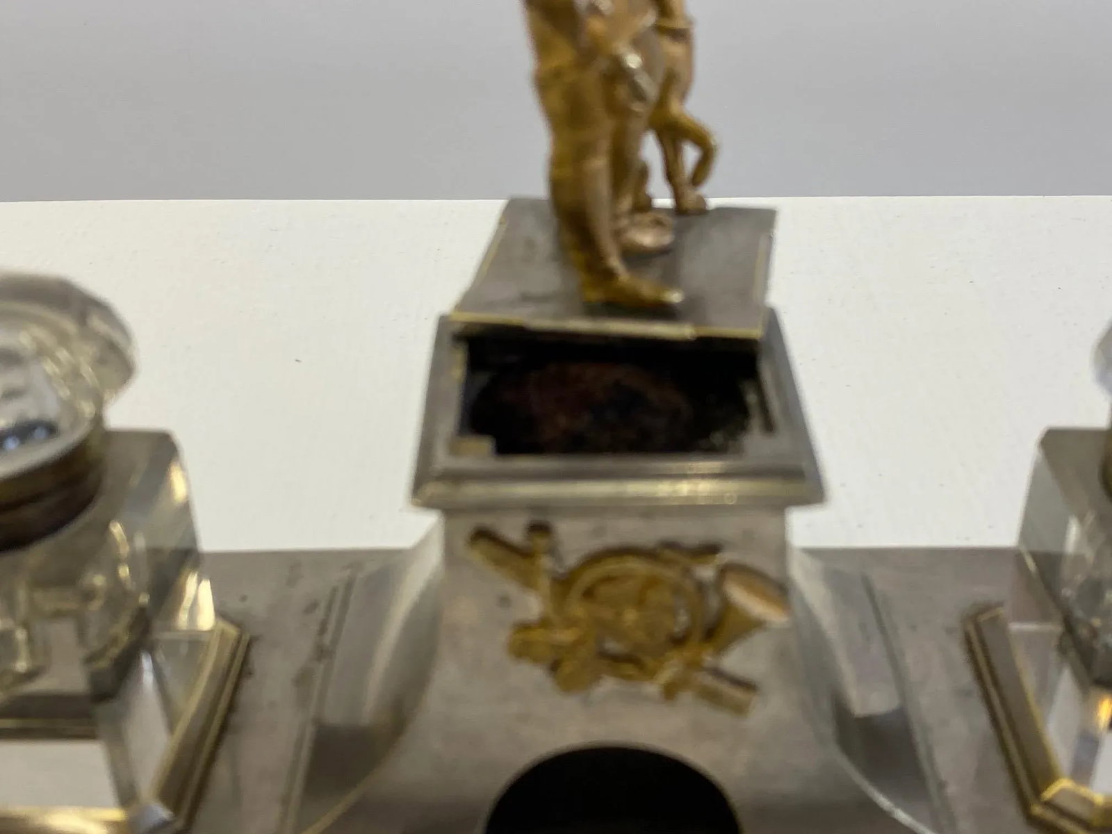Gilt Bronze Brass and Cut Glass Horseman & Hound Dog Desk Inkwell Set - 8