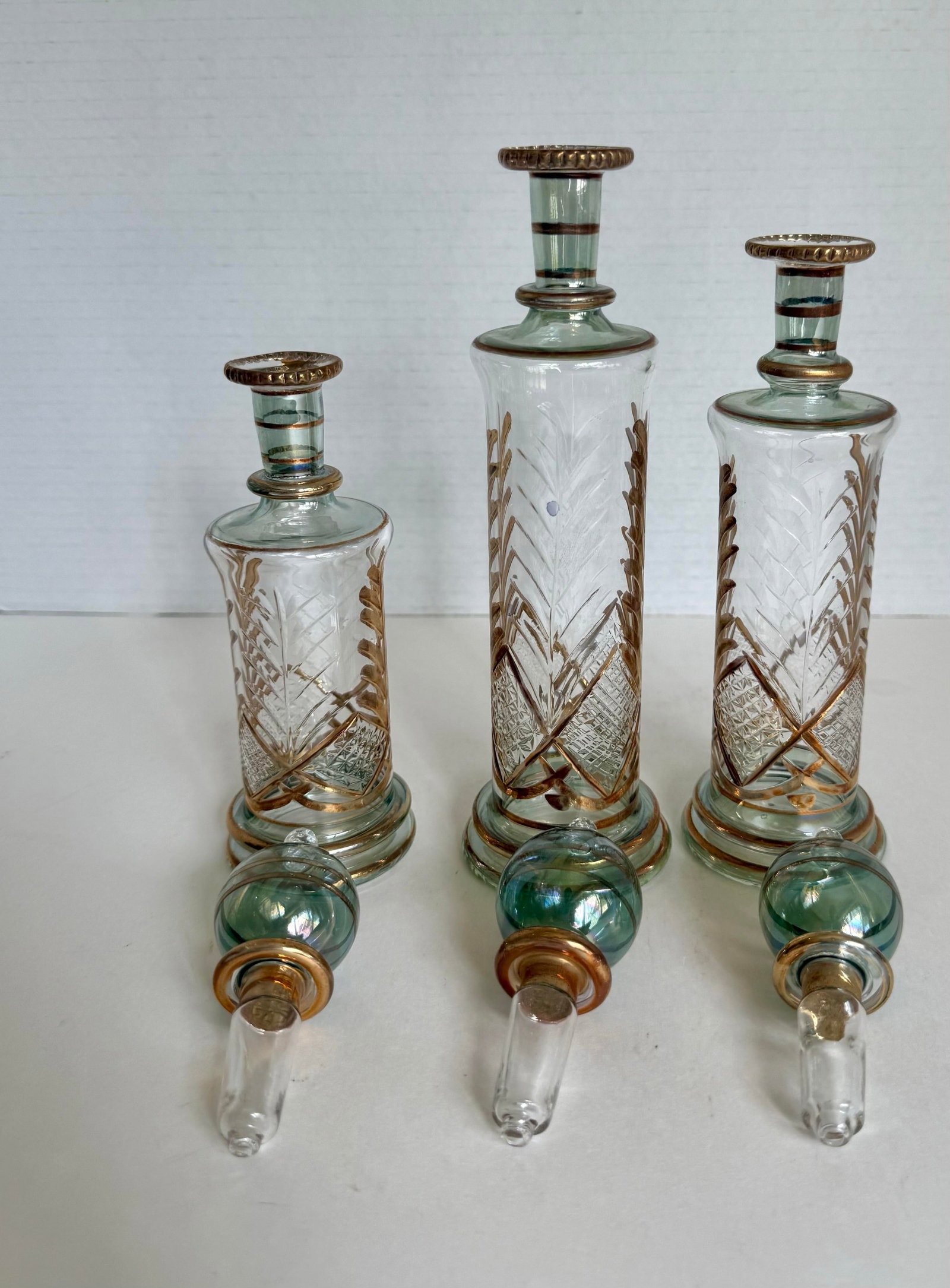 Vintage Set of 3 Hand-Blown Glass Perfume Apothecary Bottles and Stoppers - 11