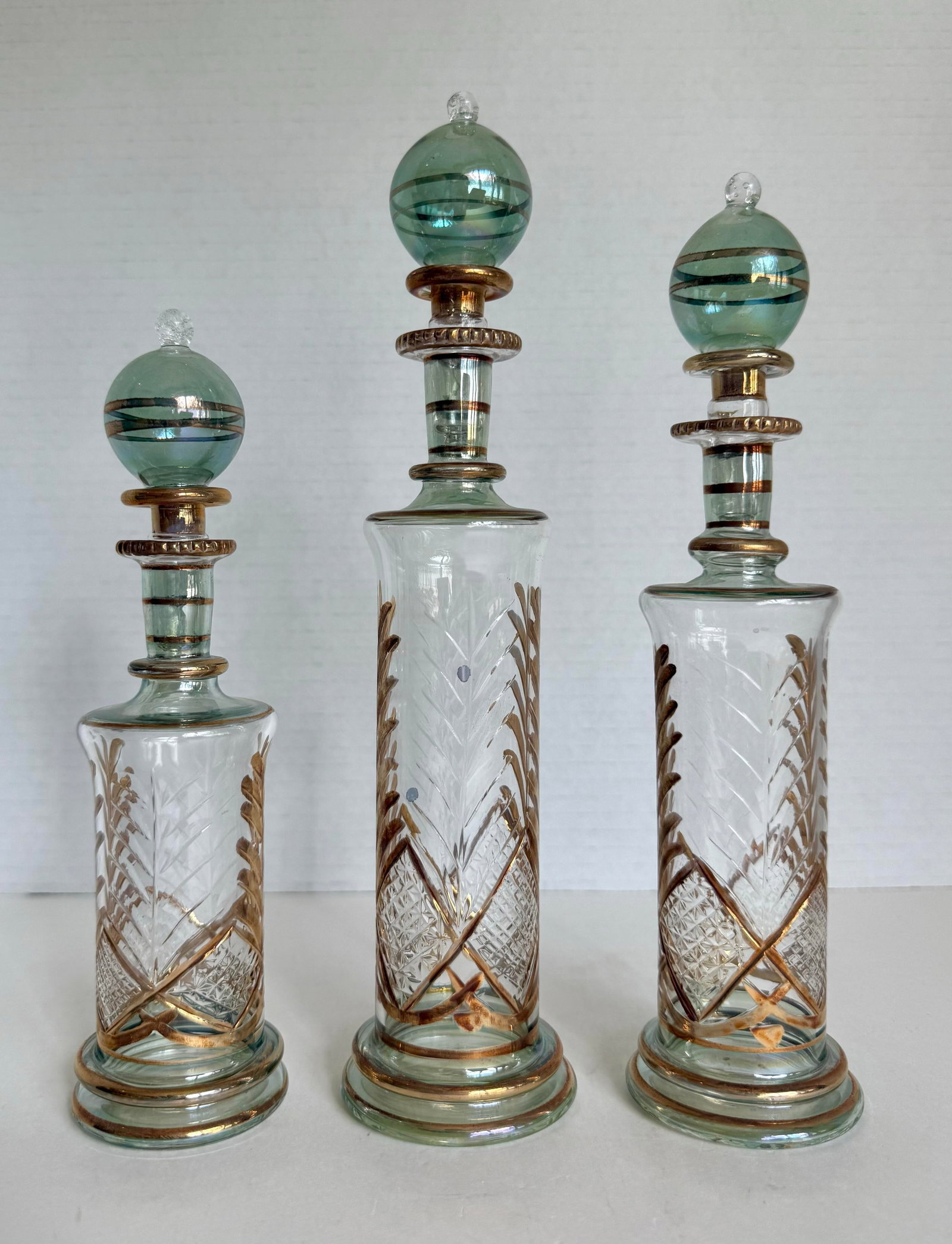 Vintage Set of 3 Hand-Blown Glass Perfume Apothecary Bottles and Stoppers - 7