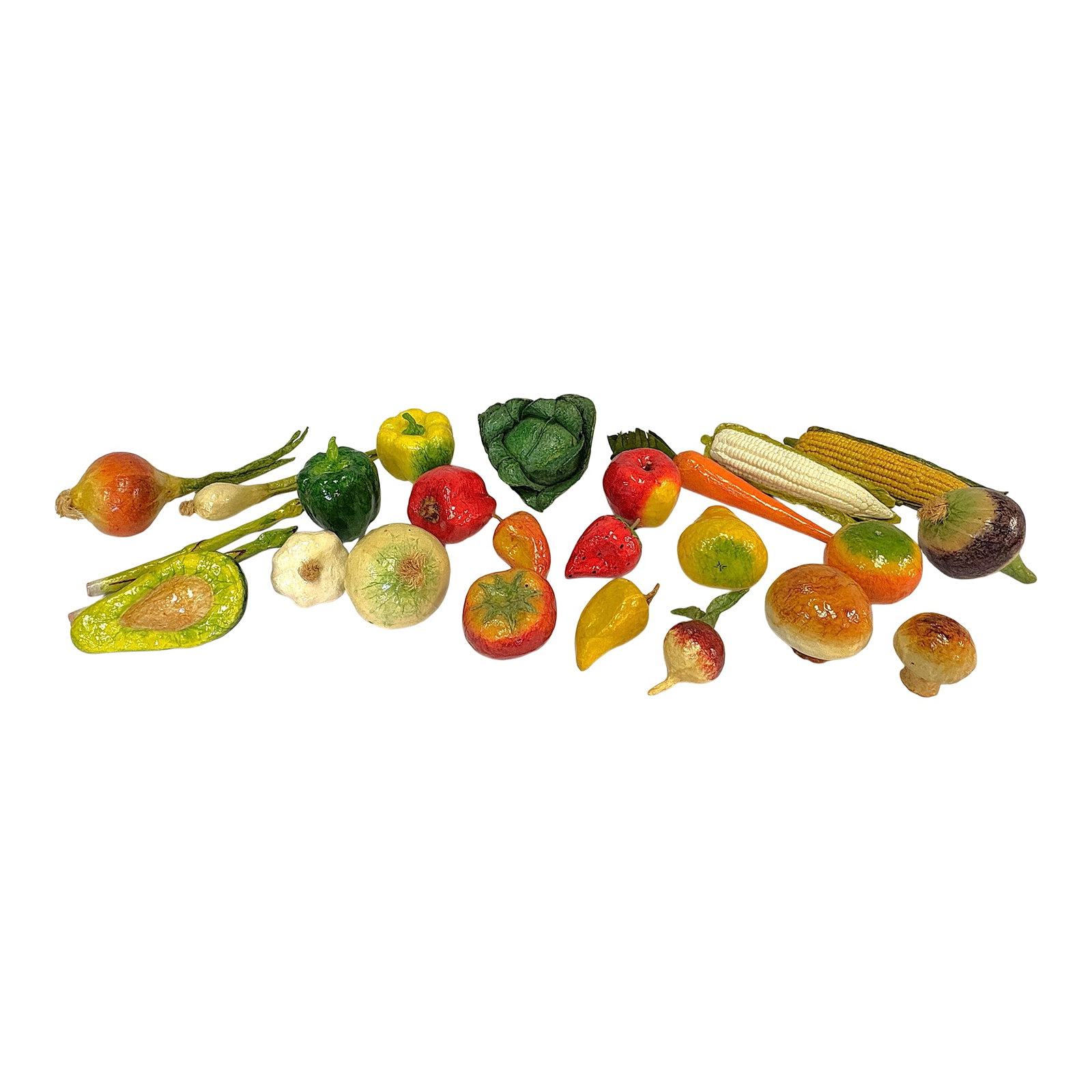 Vintage Realistic Hand Crafted Papier Mâché Fruits and Vegetables- Set of 25: Colorful set of vintage hand crafted papier mâché fruits and vegetables. They all have wonderful detail and are finished in fresh colors. There is no maker's mark. A fun set to display on